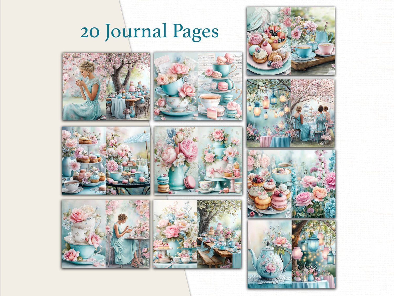Printable journal spreads showing women enjoying an outdoor garden tea party, tiered dessert trays, and blooming cherry trees.