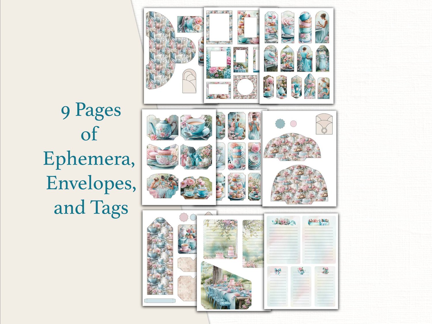 Preview showing 9 printable pages of garden tea party ephemera, envelopes, pockets, journaling spots, and floral tags.