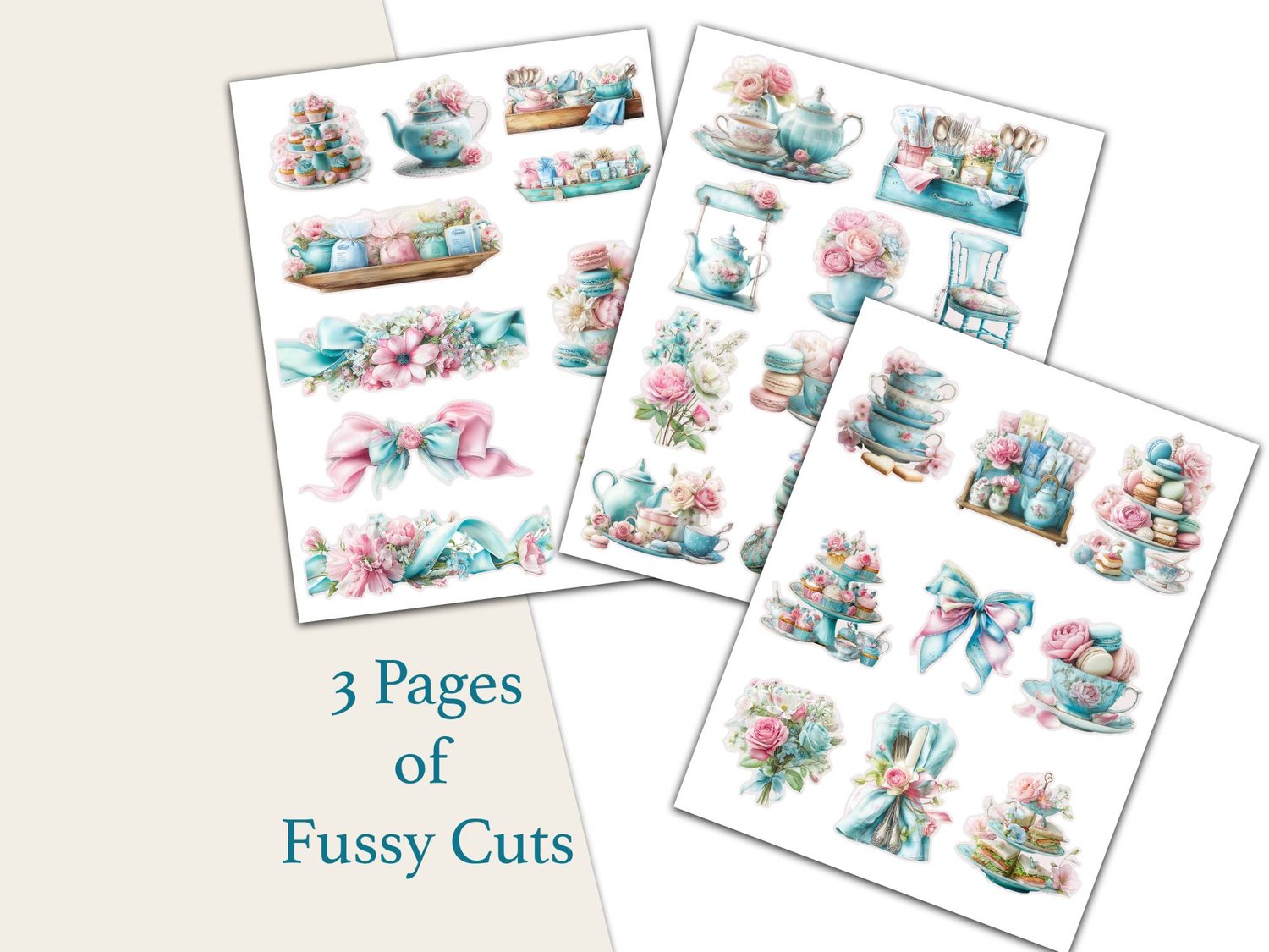 Three printable pages of tea party fussy cuts featuring teapots, stacked teacups, bow ties, macaron towers, and floral bouquets.
