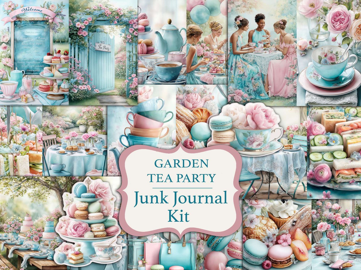 Main cover preview for the "Garden Tea Party Junk Journal Kit" featuring teacups, cake stands, pastel macarons, and teal garden doors.