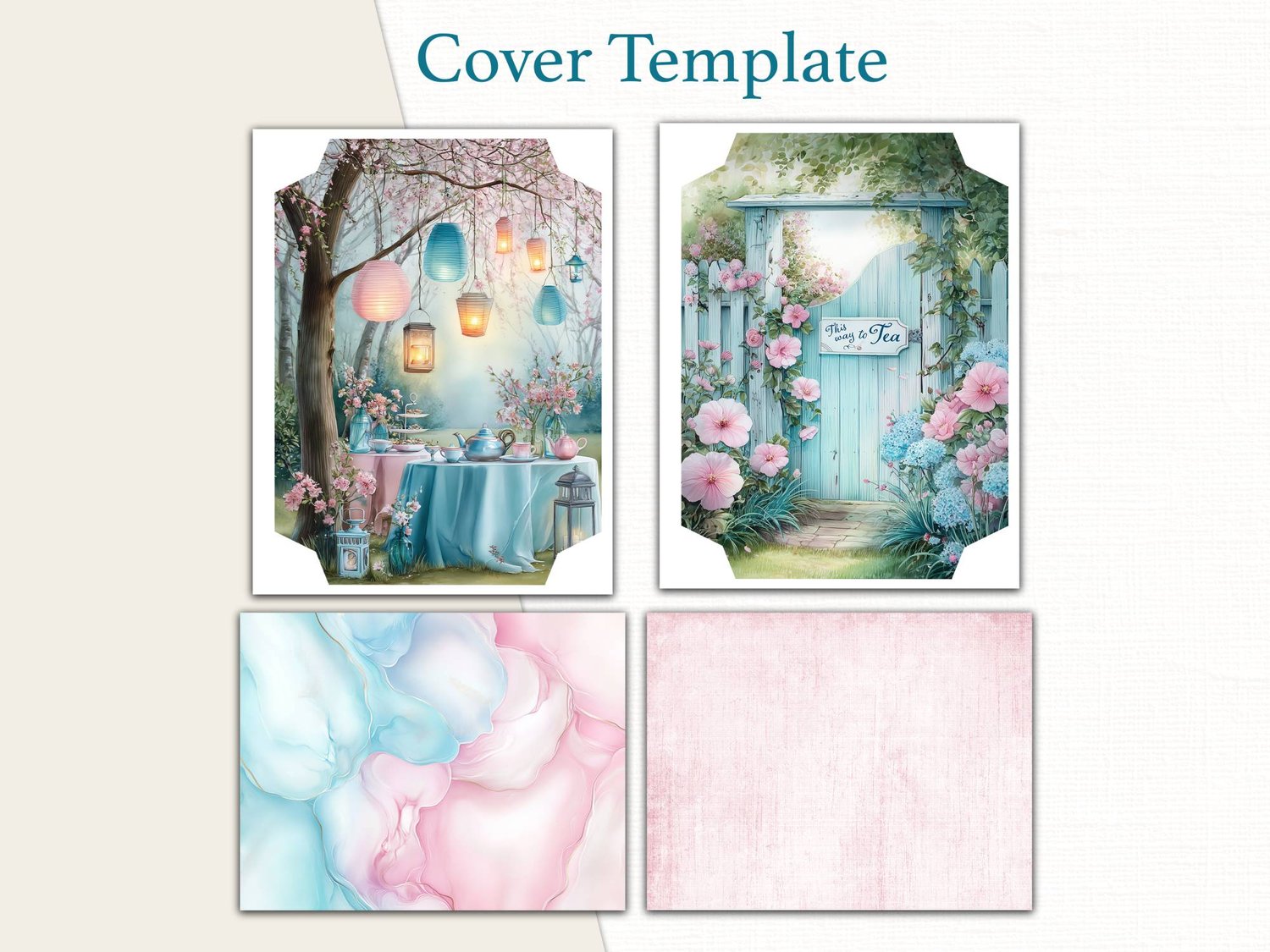 Printable journal cover template and spine designs featuring a rustic teal garden gate, lanterns, and pastel watercolor textures.