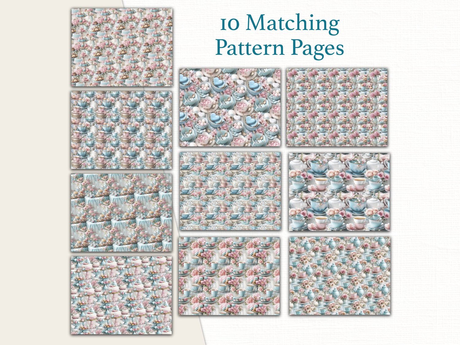Grid preview of 10 matching pattern pages featuring repeating tea set designs, floral wallpaper prints, and pastel teacups.