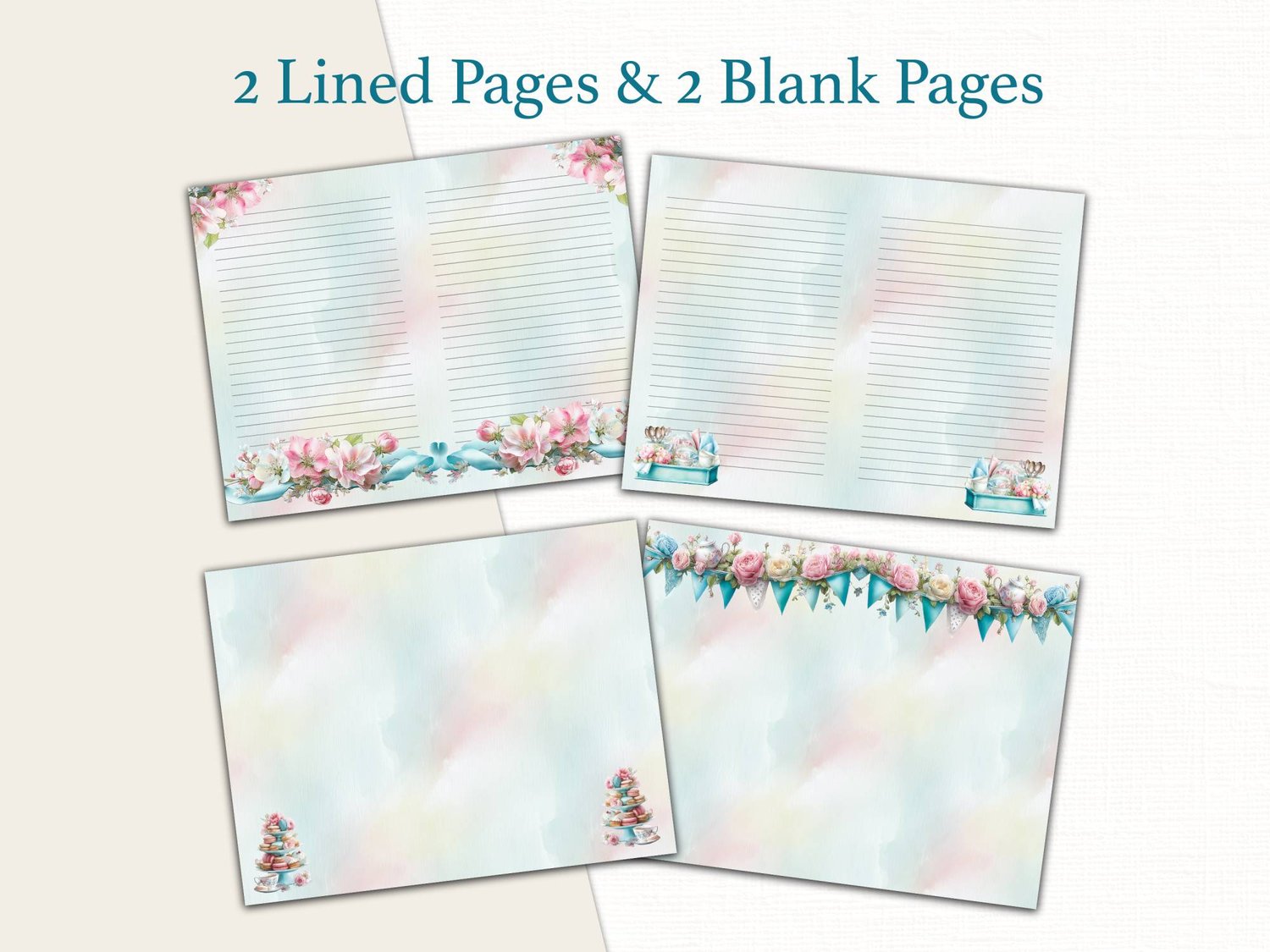 Two decorative teal-lined writing pages and two soft pastel blank background pages framed with garden teacups and floral bunting.