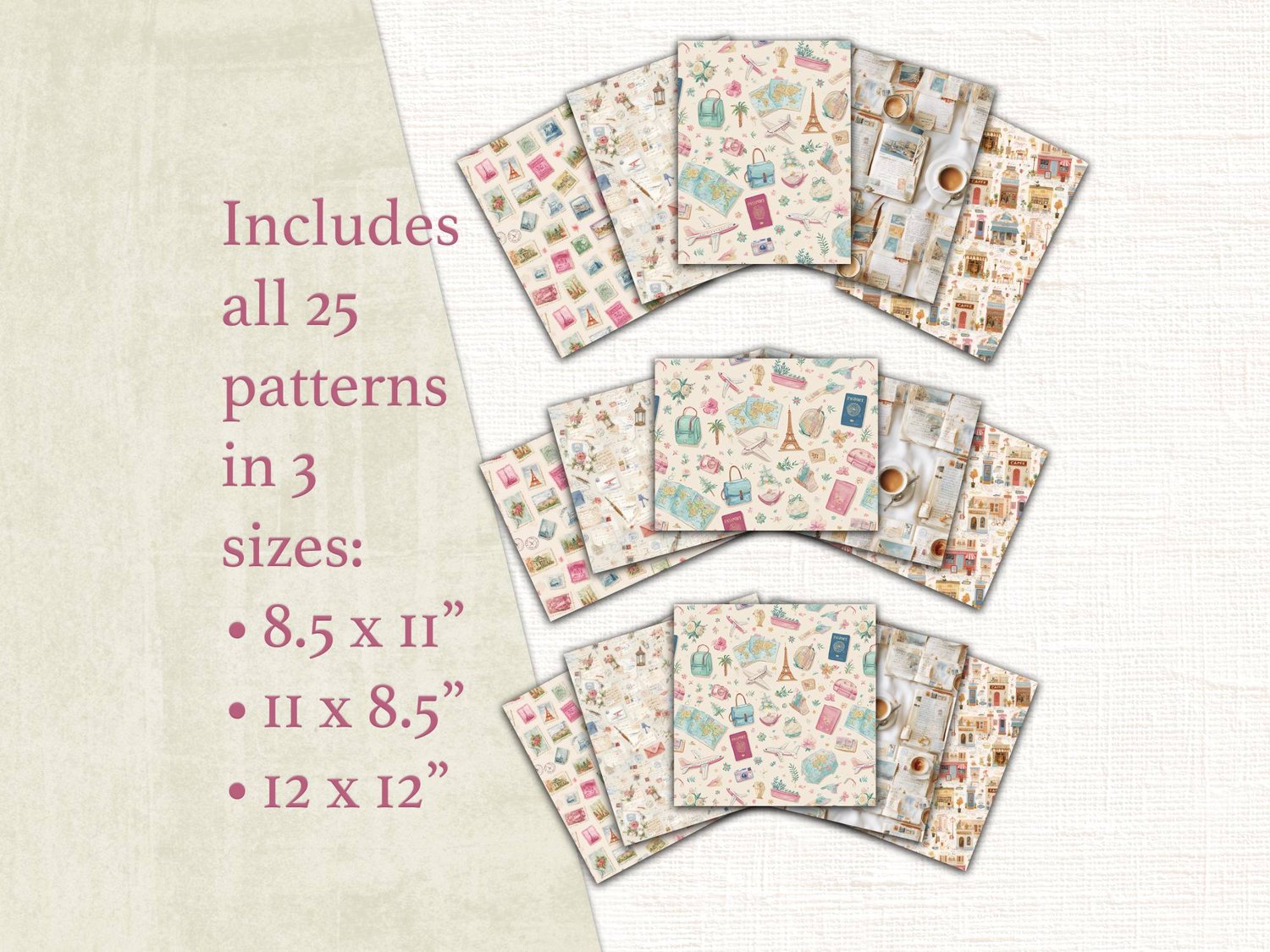 Preview graphic showing that all 25 travel patterns come in three printable sizes: 8.5x11 inches, 11x8.5 inches, and 12x12 inches.