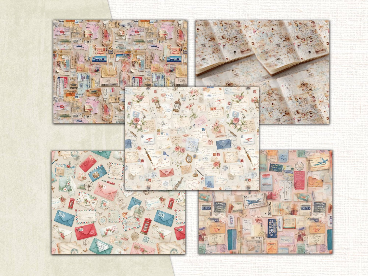 Grid preview of printable travel paper patterns featuring vintage airmail envelopes, postmarks, passport stamps, and old map textures.