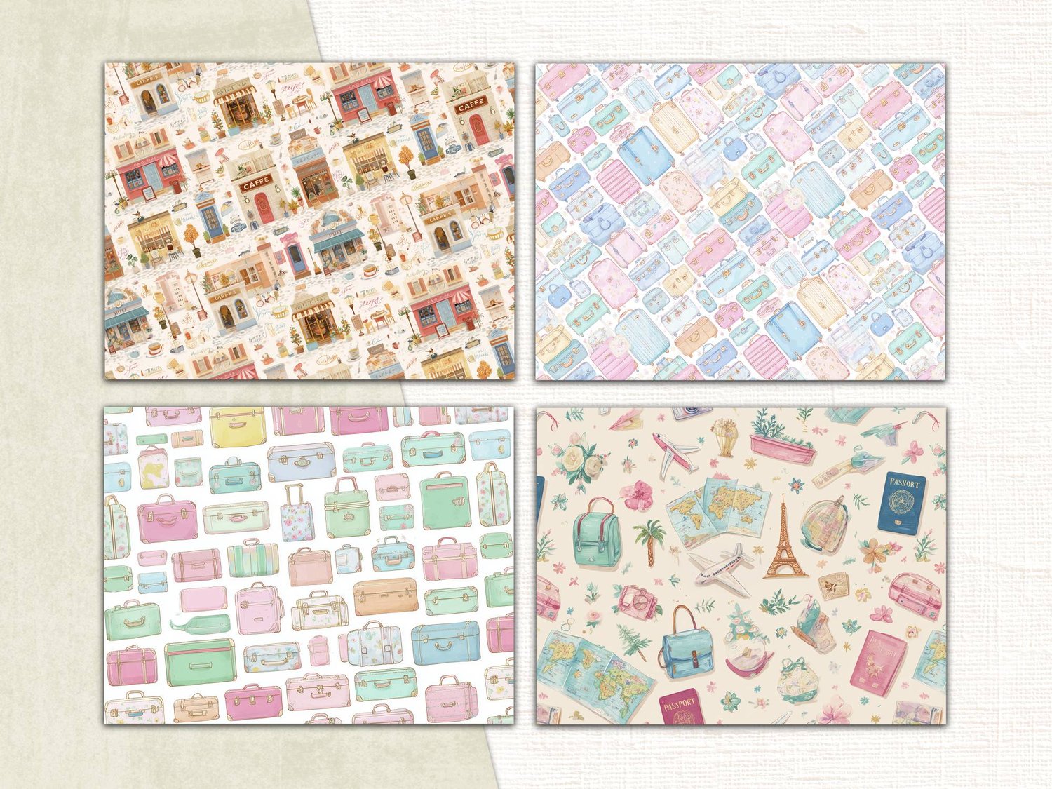 Four repeating pattern pages featuring European cafe storefronts, diagonal pastel stripes, colorful luggage, and Paris travel icons.