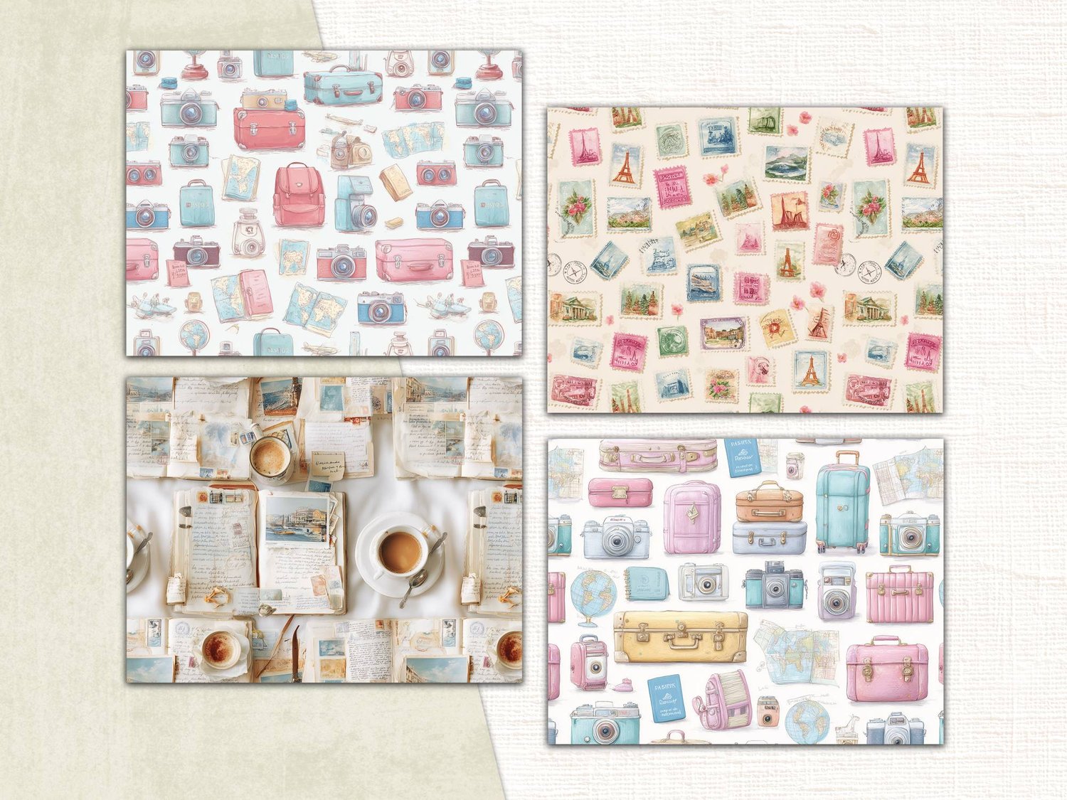 Printable travel patterns displaying stacked pastel suitcases, travel trunks, vintage cameras, and cozy coffee cup flat lays.