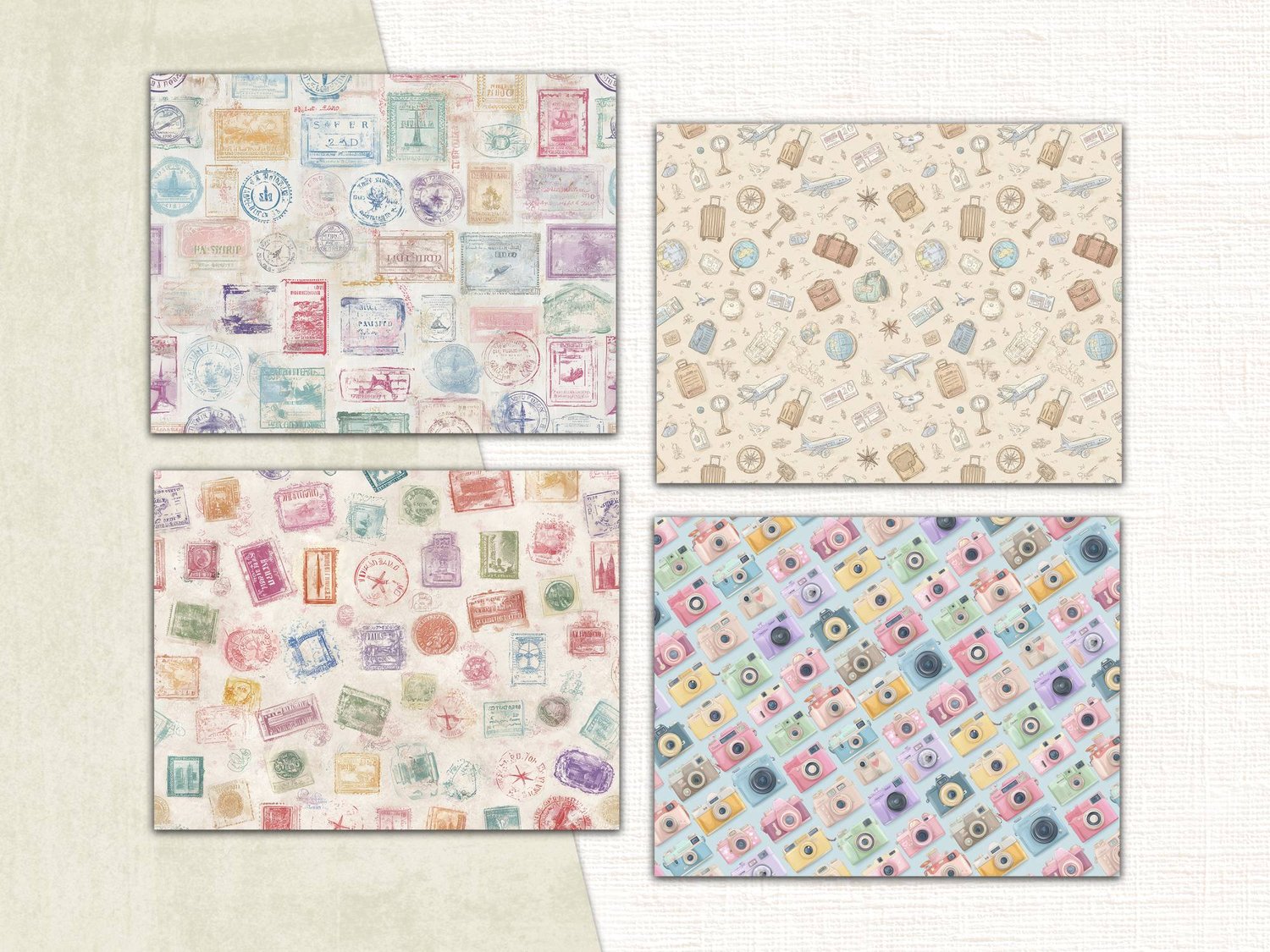 Grid preview of travel patterns featuring vintage postage stamps, pastel cameras, compasses, and delicate travel illustrations.