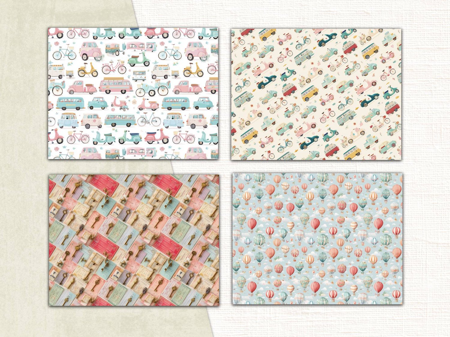 Four printable pattern pages with pastel camper vans, vespa scooters, hot air balloons, and vintage bicycles.