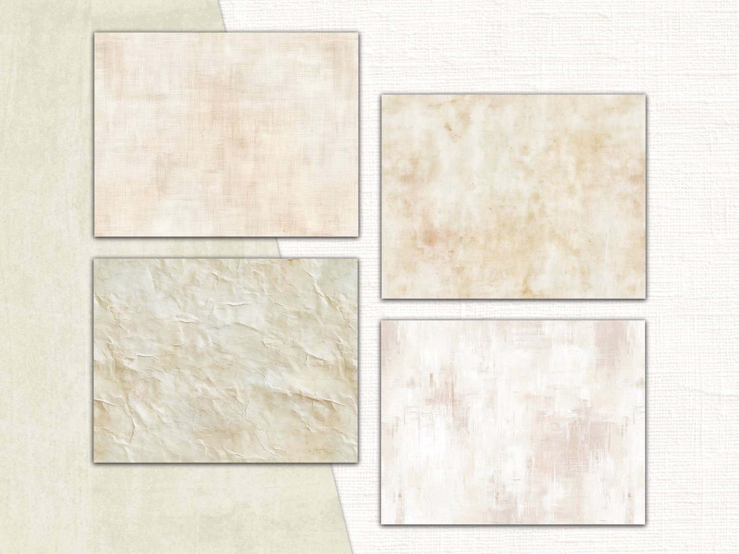 Four neutral vintage background pages with aged parchment paper, crinkled textures, and soft tea-stained washes.