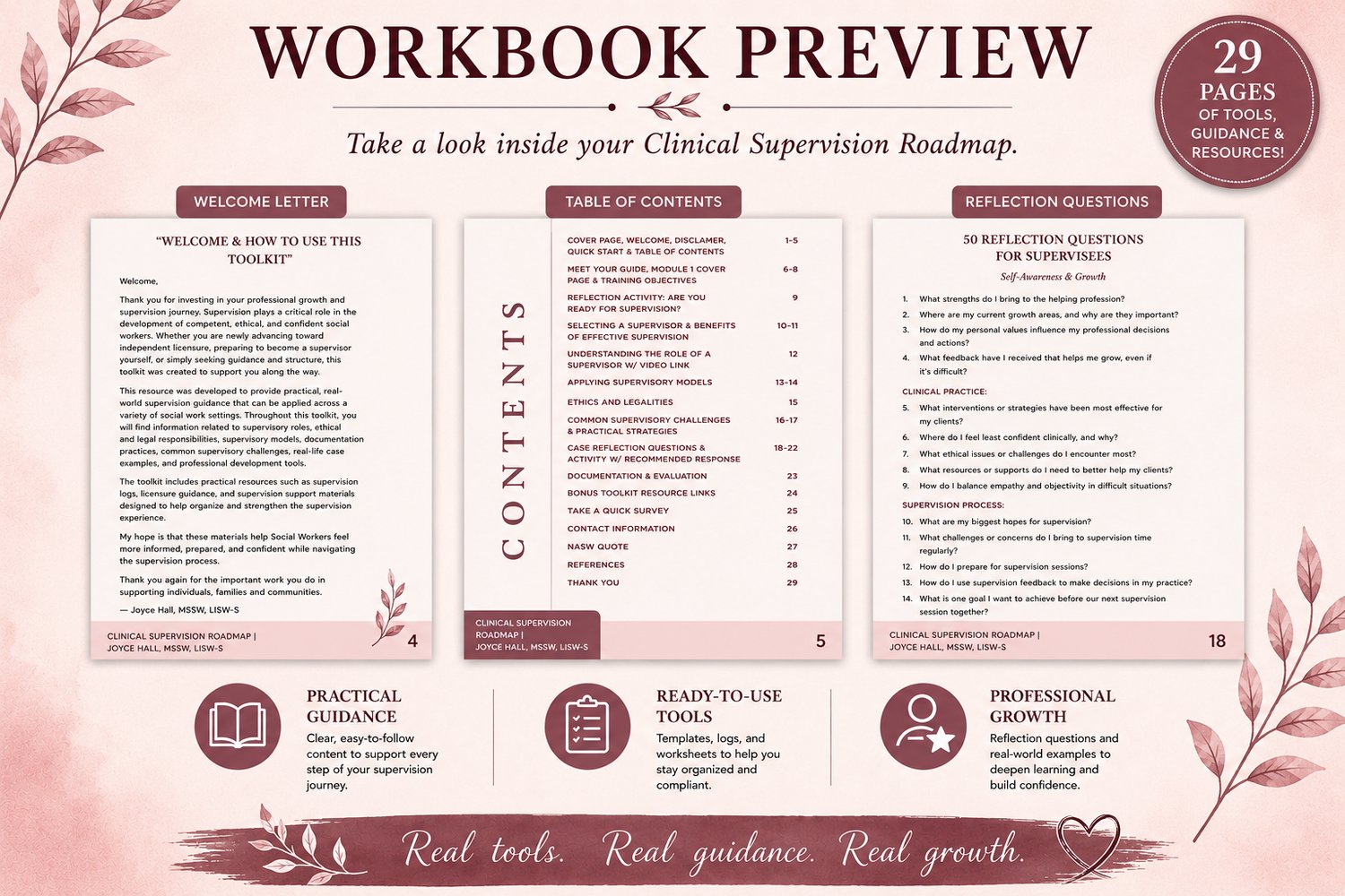 Preview pages from the Clinical Supervision Roadmap Toolkit featuring supervision guidance, reflective exercises, and practical tools for social workers.