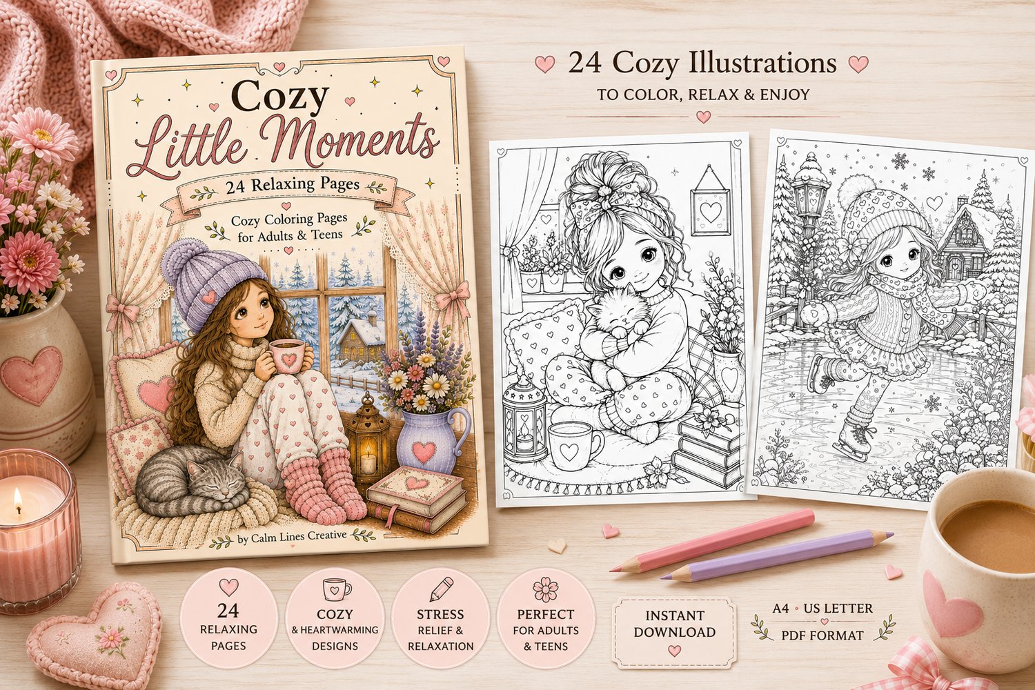 Cozy Little Moments printable coloring book preview showing the cover and two detailed kawaii coloring pages for adults and teens