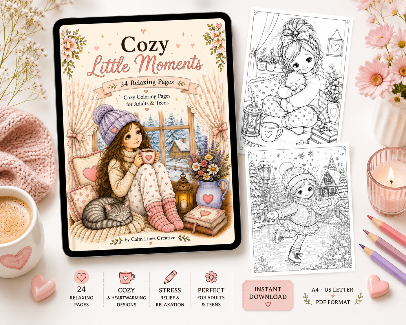 Tablet mockup displaying the Cozy Little Moments printable coloring book with cozy kawaii coloring pages and instant PDF download