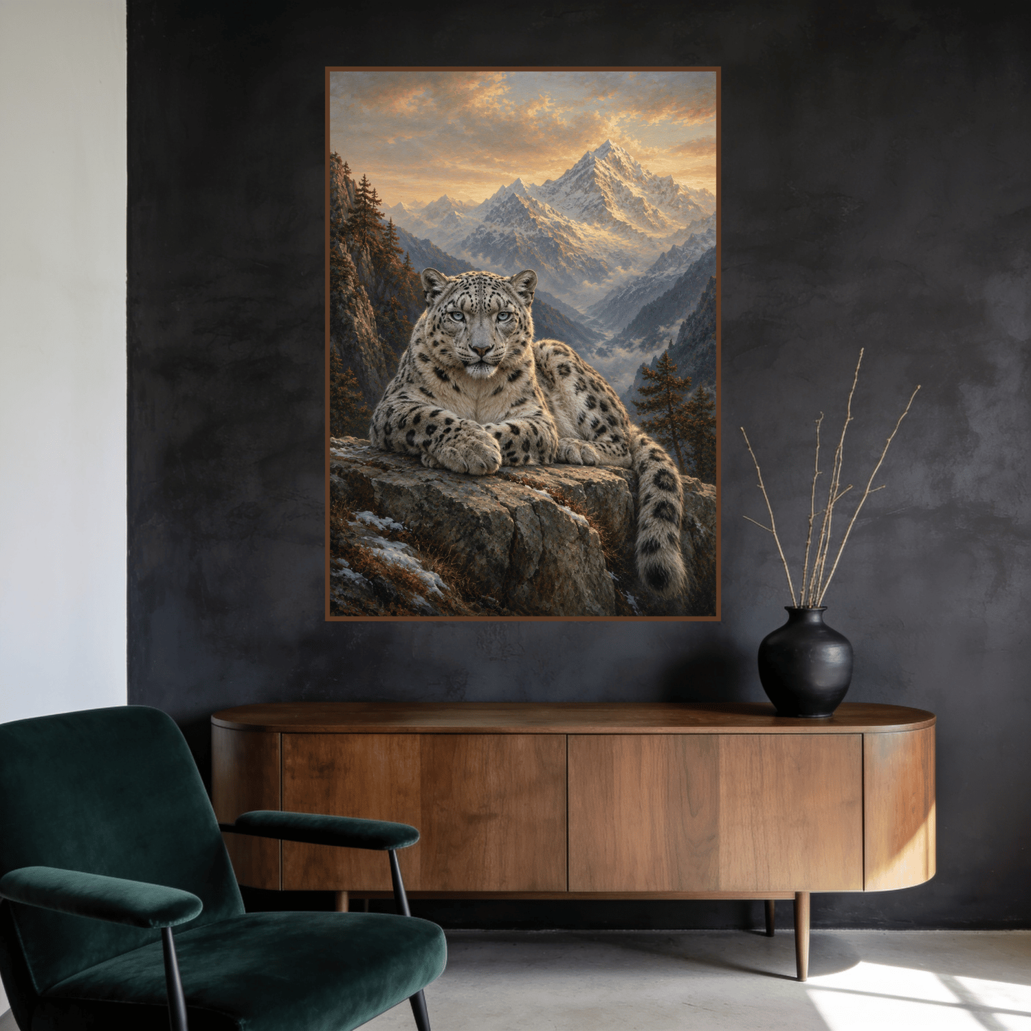 Snow leopard resting on a rocky ledge overlooking a peaceful mountain valley, printable wildlife wall art with natural scenery.