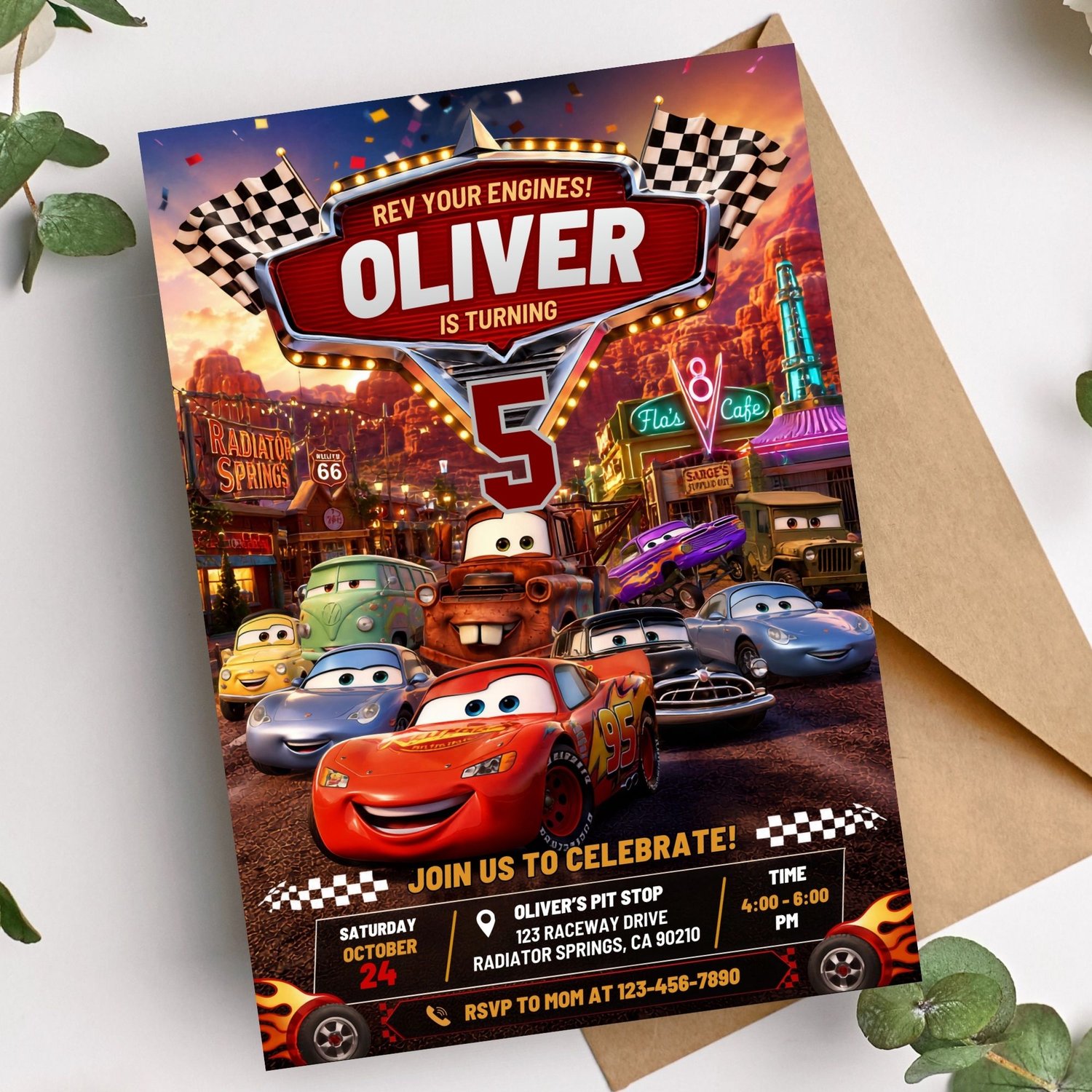 Kids Cars movie birthday invite shown as a customizable digital invitation