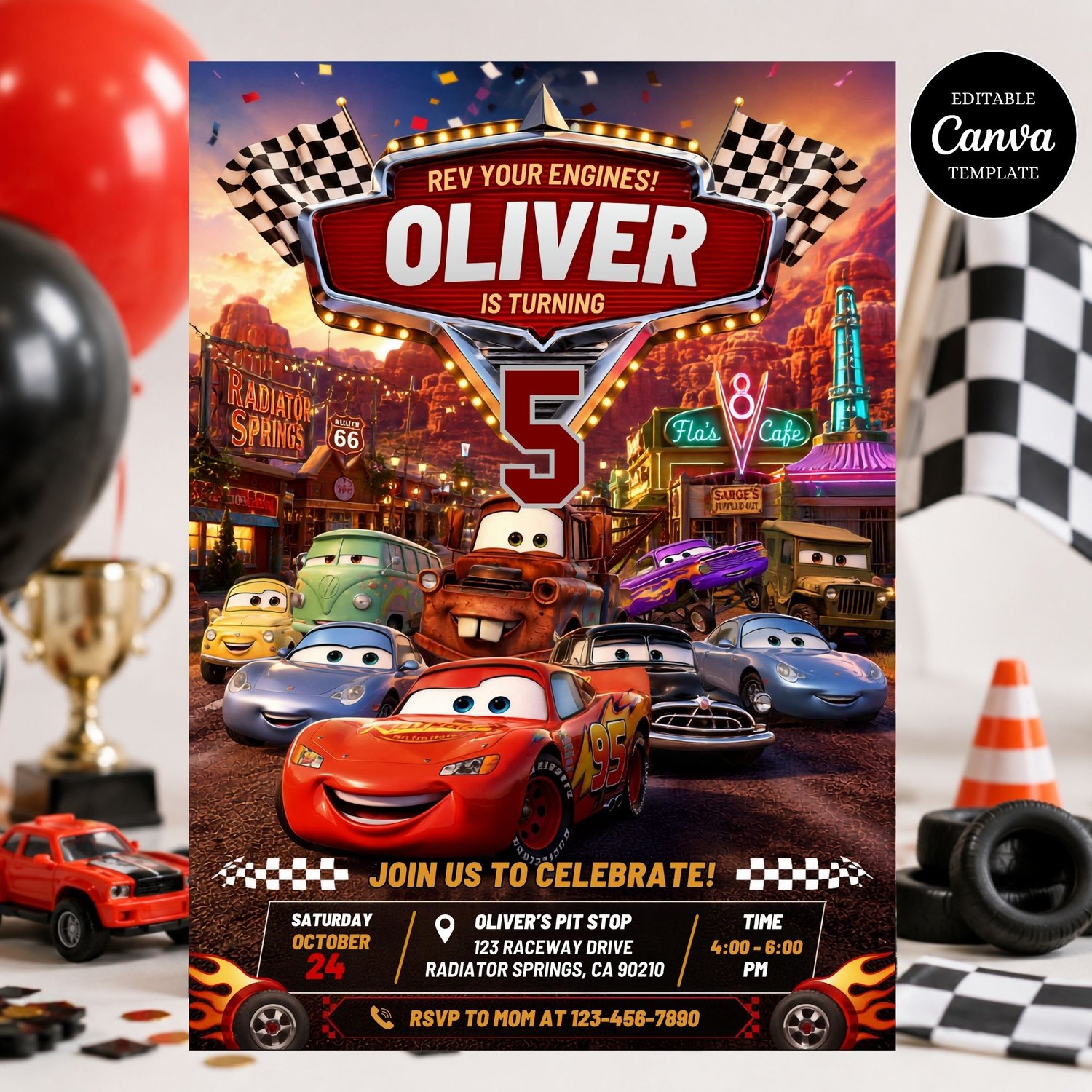 Cars movie birthday invitation template with editable party details
