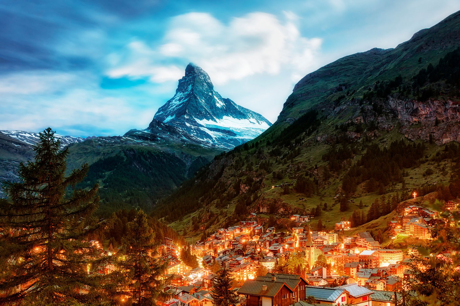Matterhorn zermat summer night evening lights town switzerland mountain iconic
