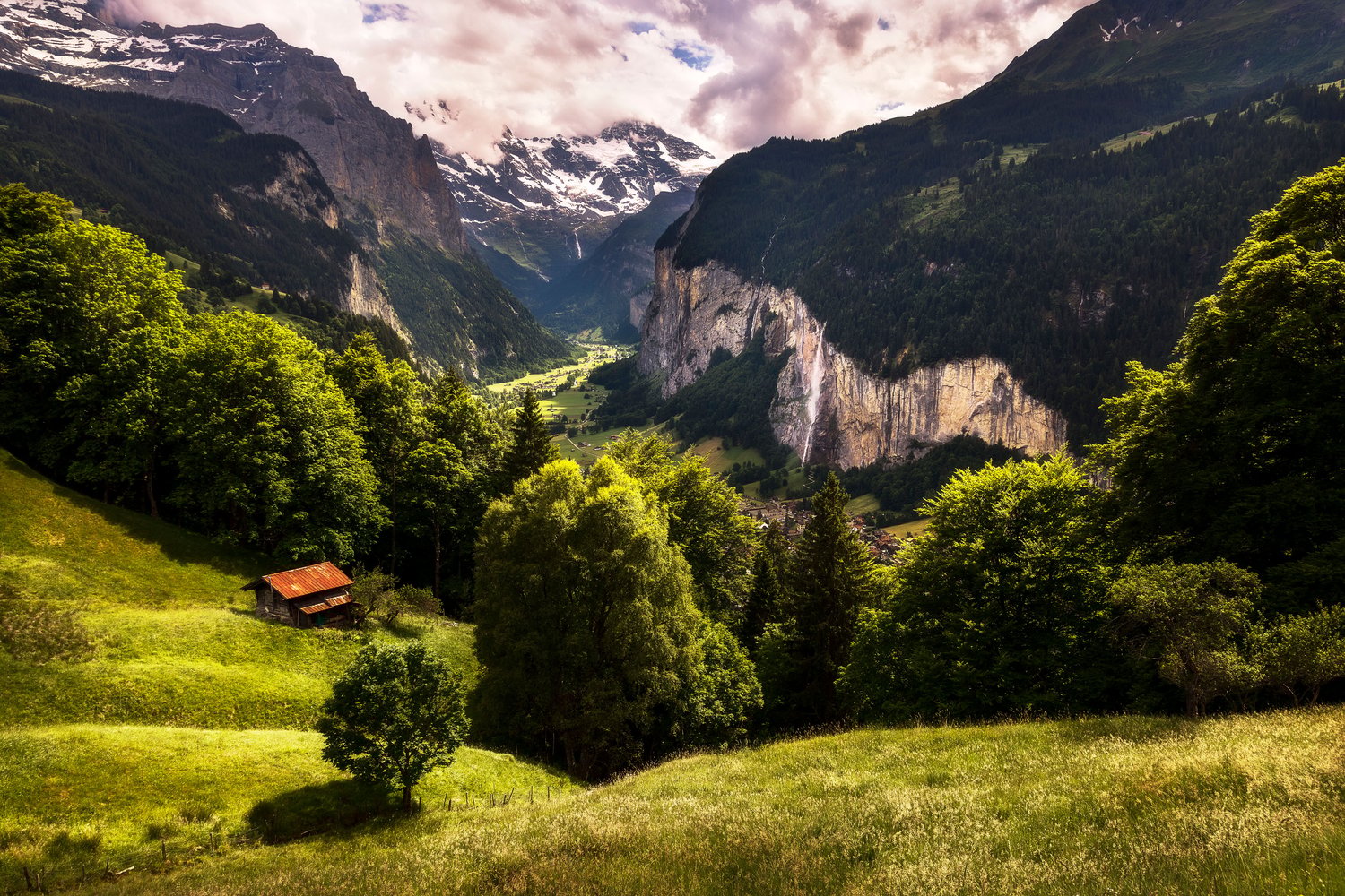 Lauterbrunnen switzerland wengen view summer clouds waterfall