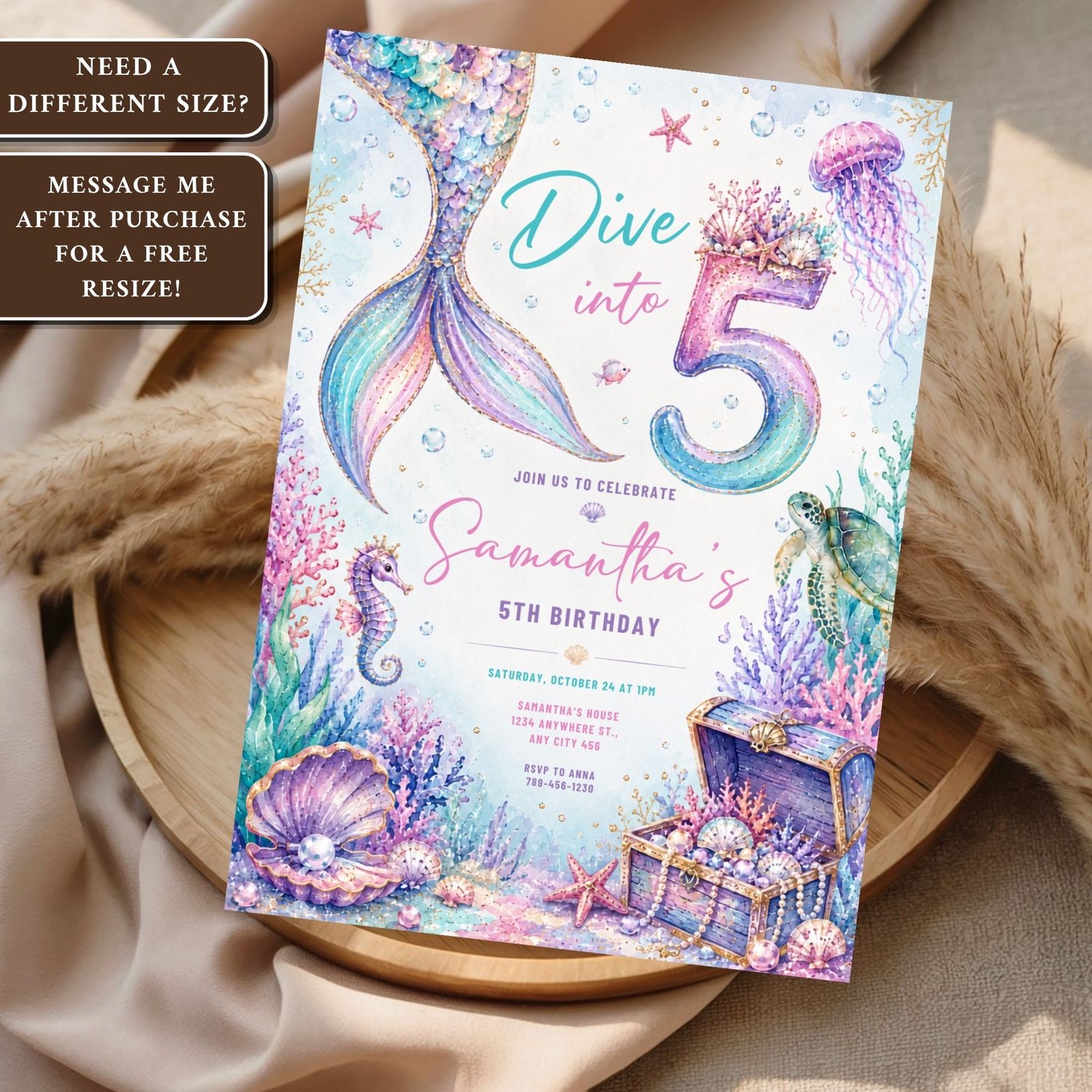 Pink and purple mermaid 5th birthday invitation template with editable Canva design, printable under the sea birthday party invite.