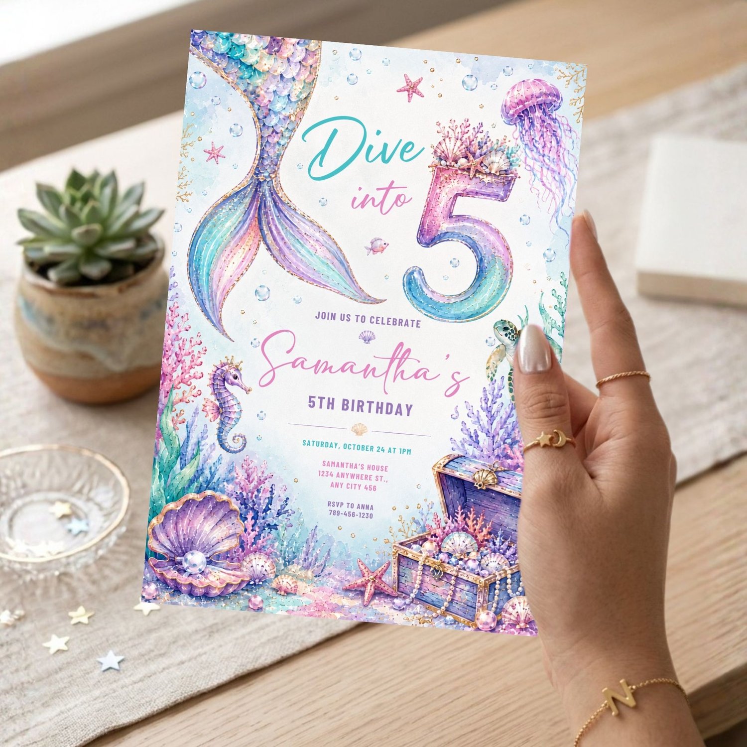 Girls Dive Into Five mermaid birthday invitation template displayed in a stylish mockup, editable Canva design for a fifth birthday celebration.