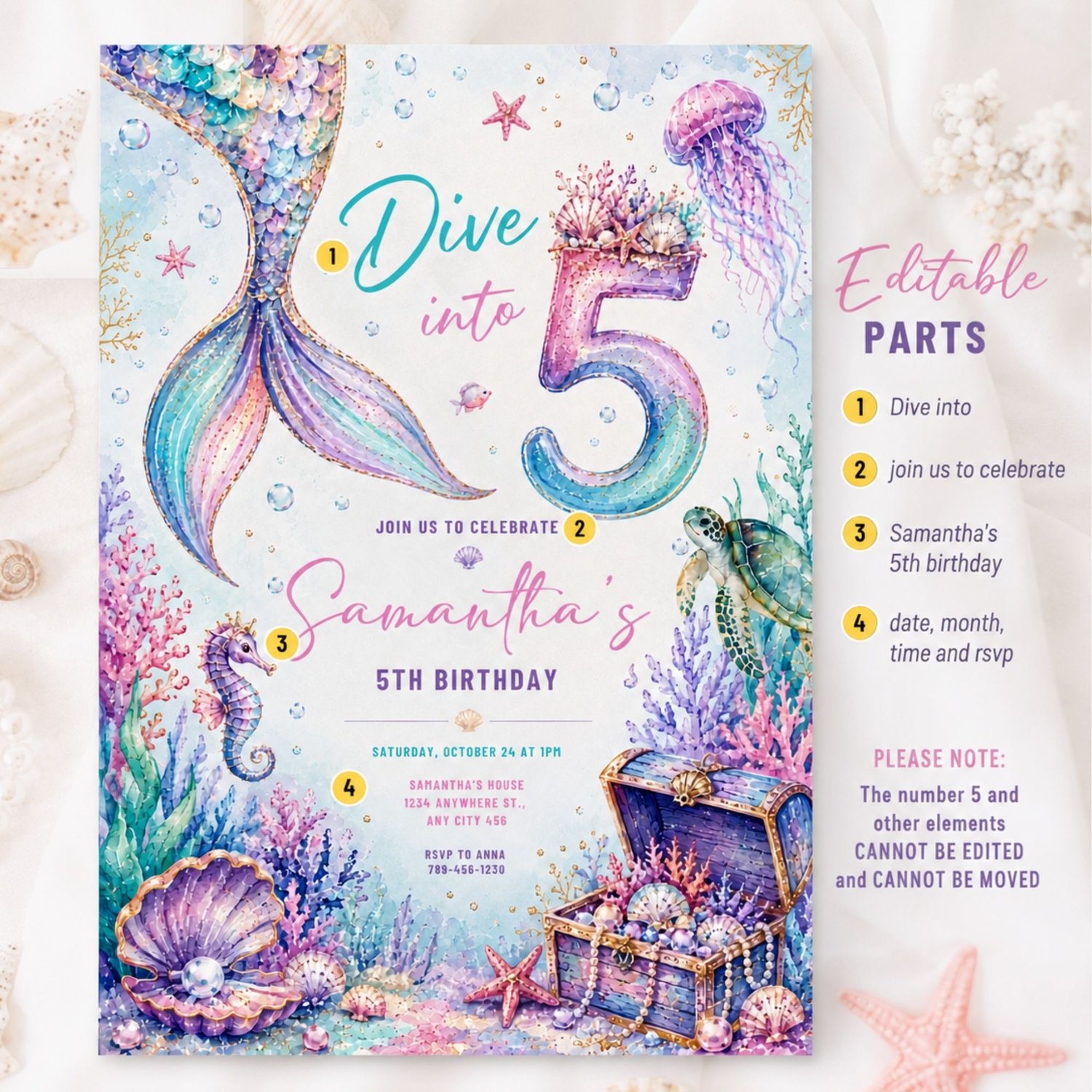 Printable under the sea mermaid birthday invitation with editable Canva template, instant digital download for a girl's fifth birthday party.
