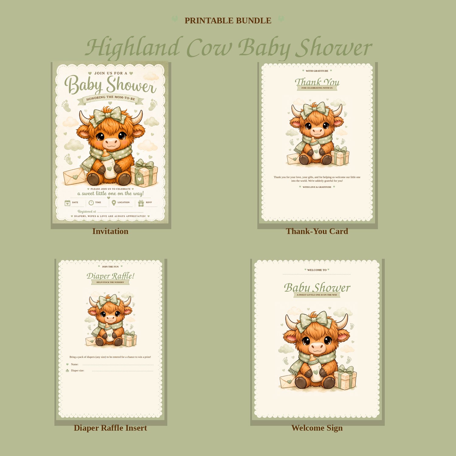 highland cow baby shower, baby shower invitation, printable baby shower invitation, farm animal baby shower, gender neutral baby shower invitation, cow baby shower, instant download invitation, diaper raffle insert, baby shower welcome sign, printable bab