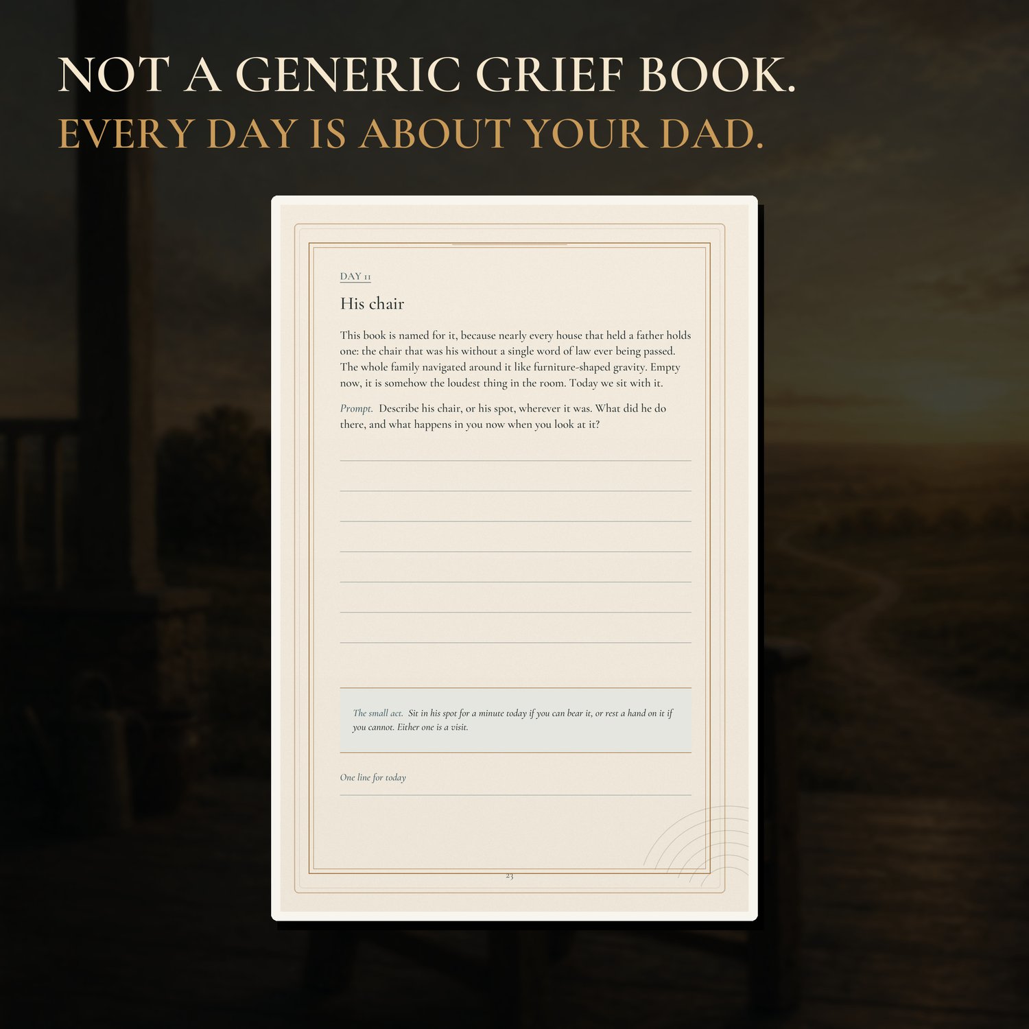Sample guided grief prompts and keepsake pages from His Chair
