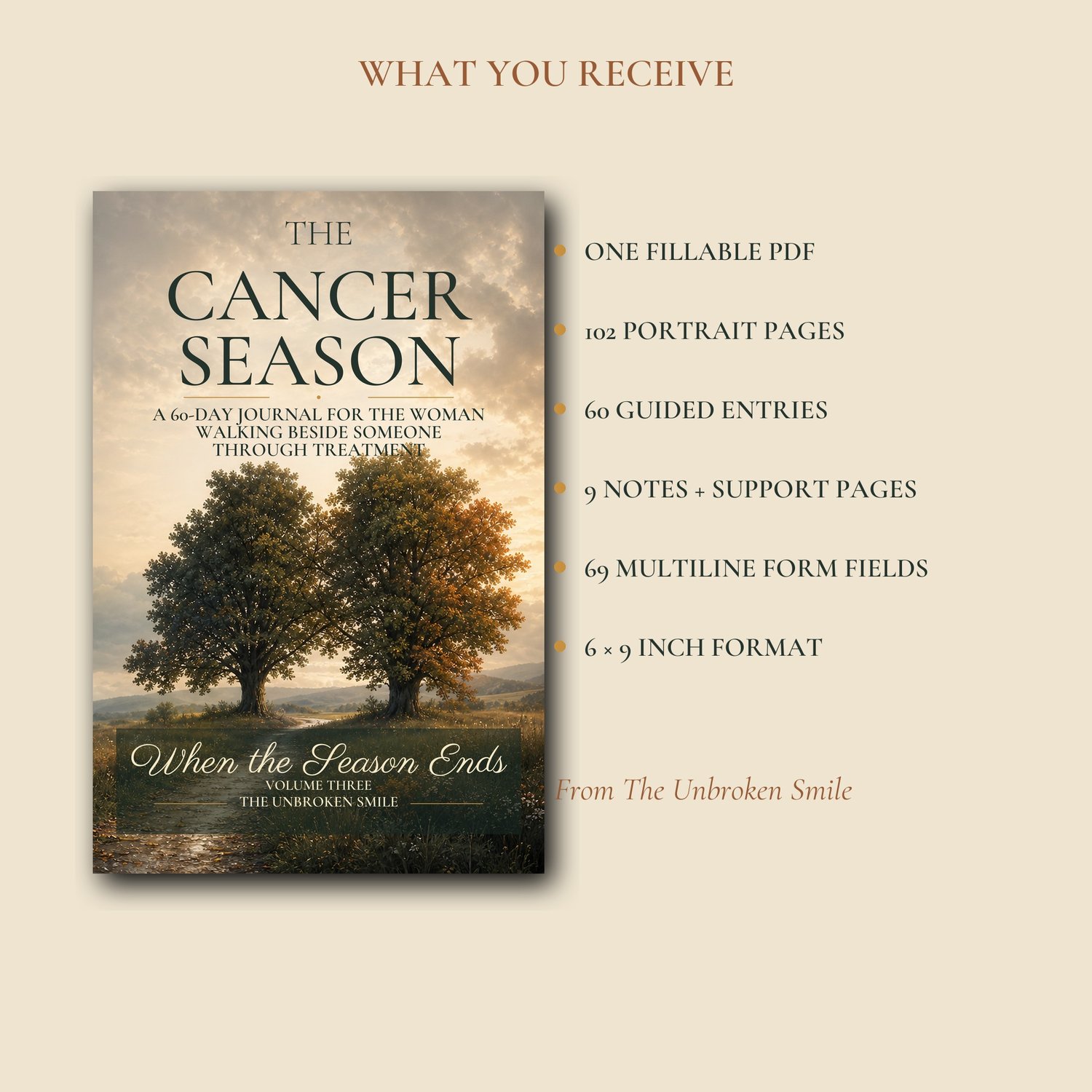 What is included in The Cancer Season 60-day fillable PDF journal