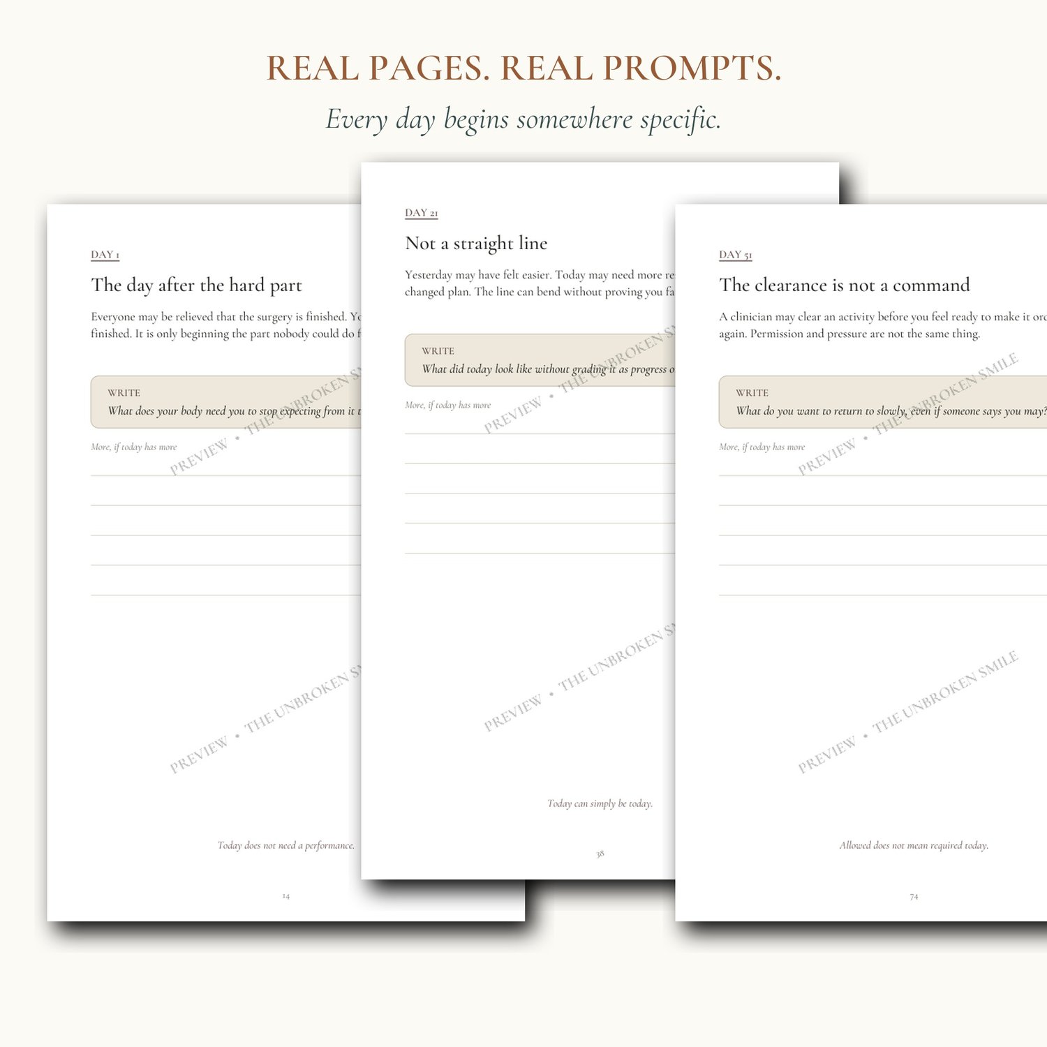 Sample guided prompt pages from The Surgery Season recovery journal