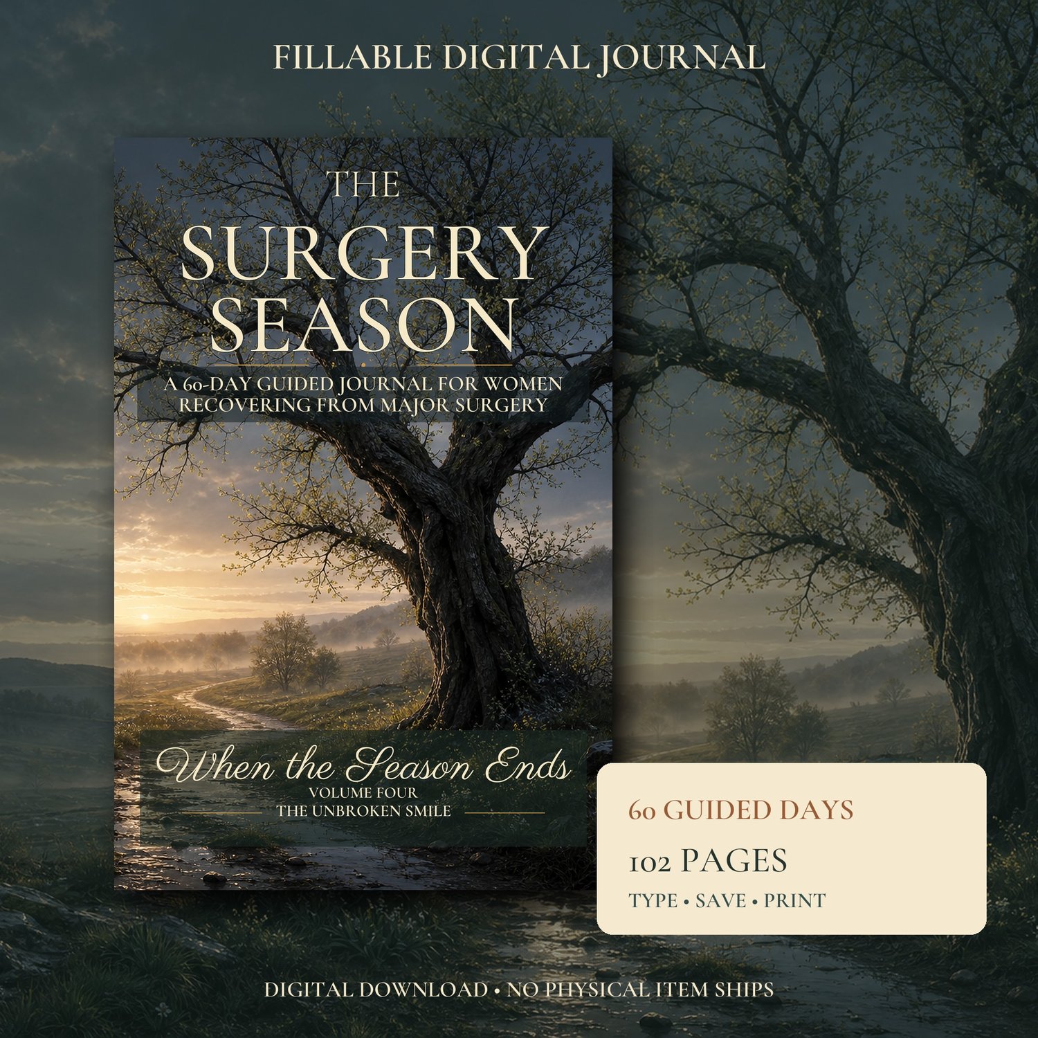The Surgery Season fillable recovery journal cover for women after major surgery