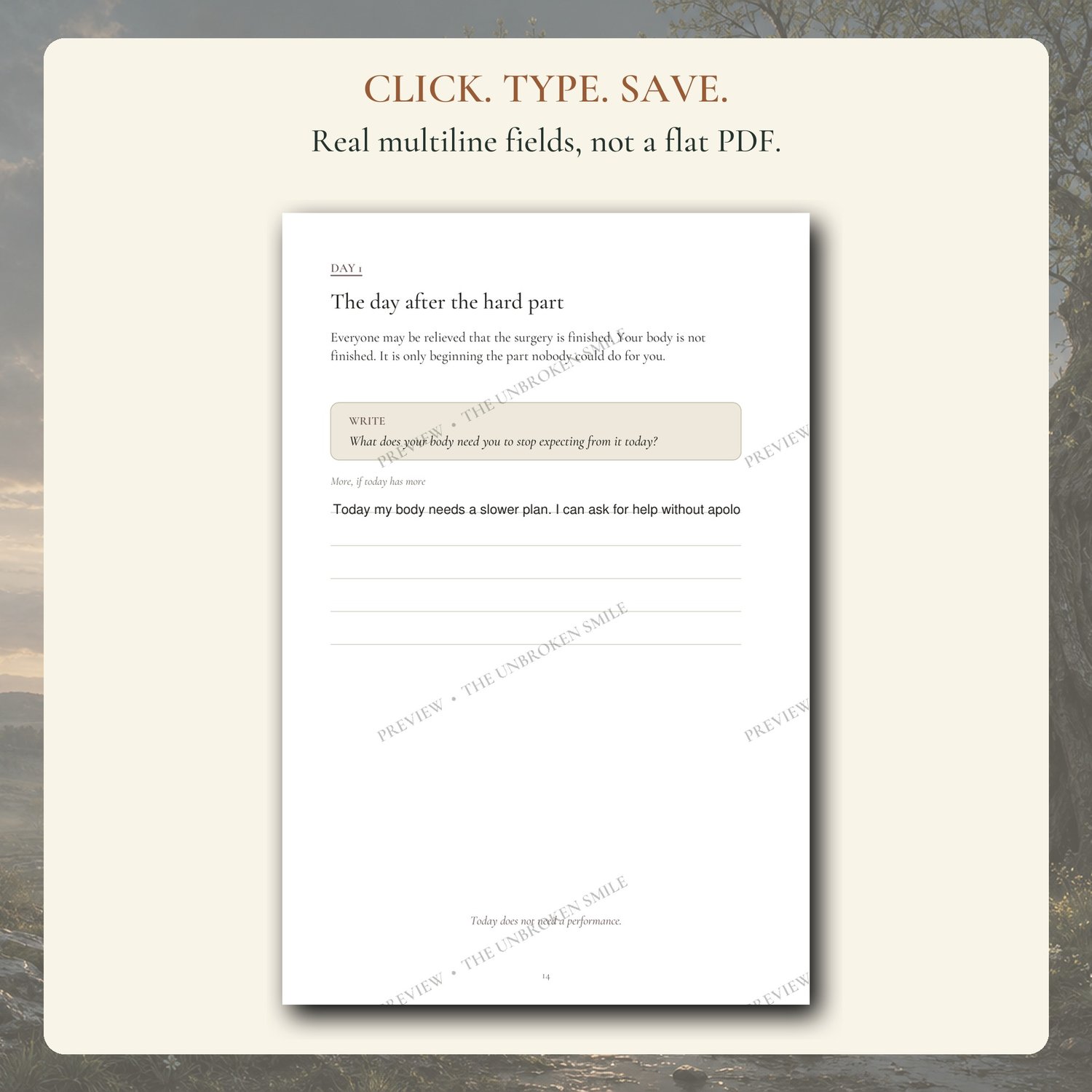 Demonstration of typing into The Surgery Season digital journal on a device