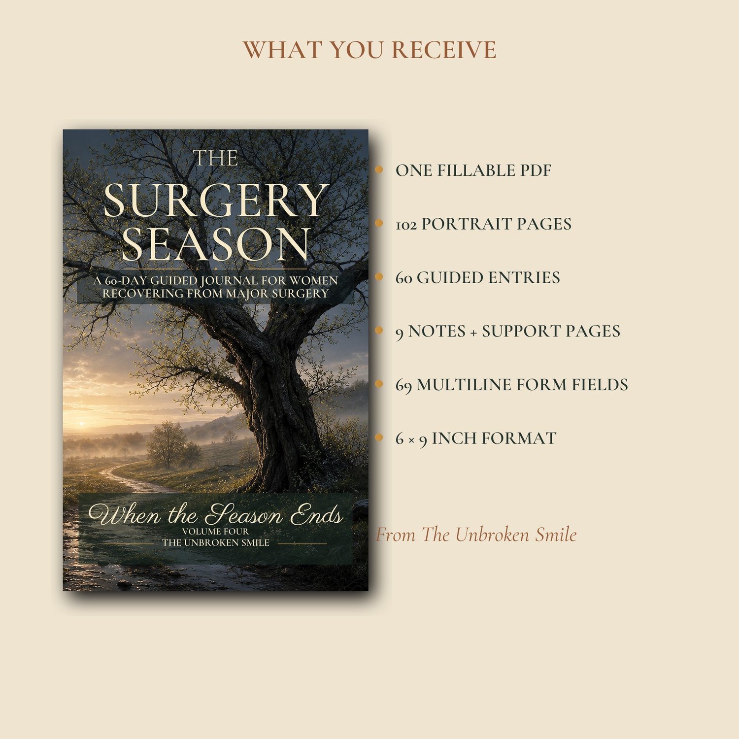 What is included in The Surgery Season 60-day fillable PDF journal
