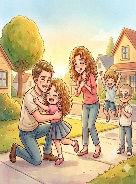 Pai abraçando a filha com alegria na rua, cena do livro infantil cristão para colorir A Grande Busca sobre a parábola da ovelha perdida