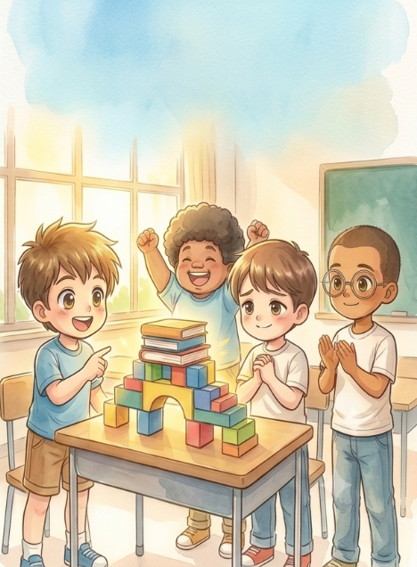 Crianças construindo e brincando com blocos, cena do livro cristão para colorir O Bom Construtor sobre a parábola da casa sobre a rocha.