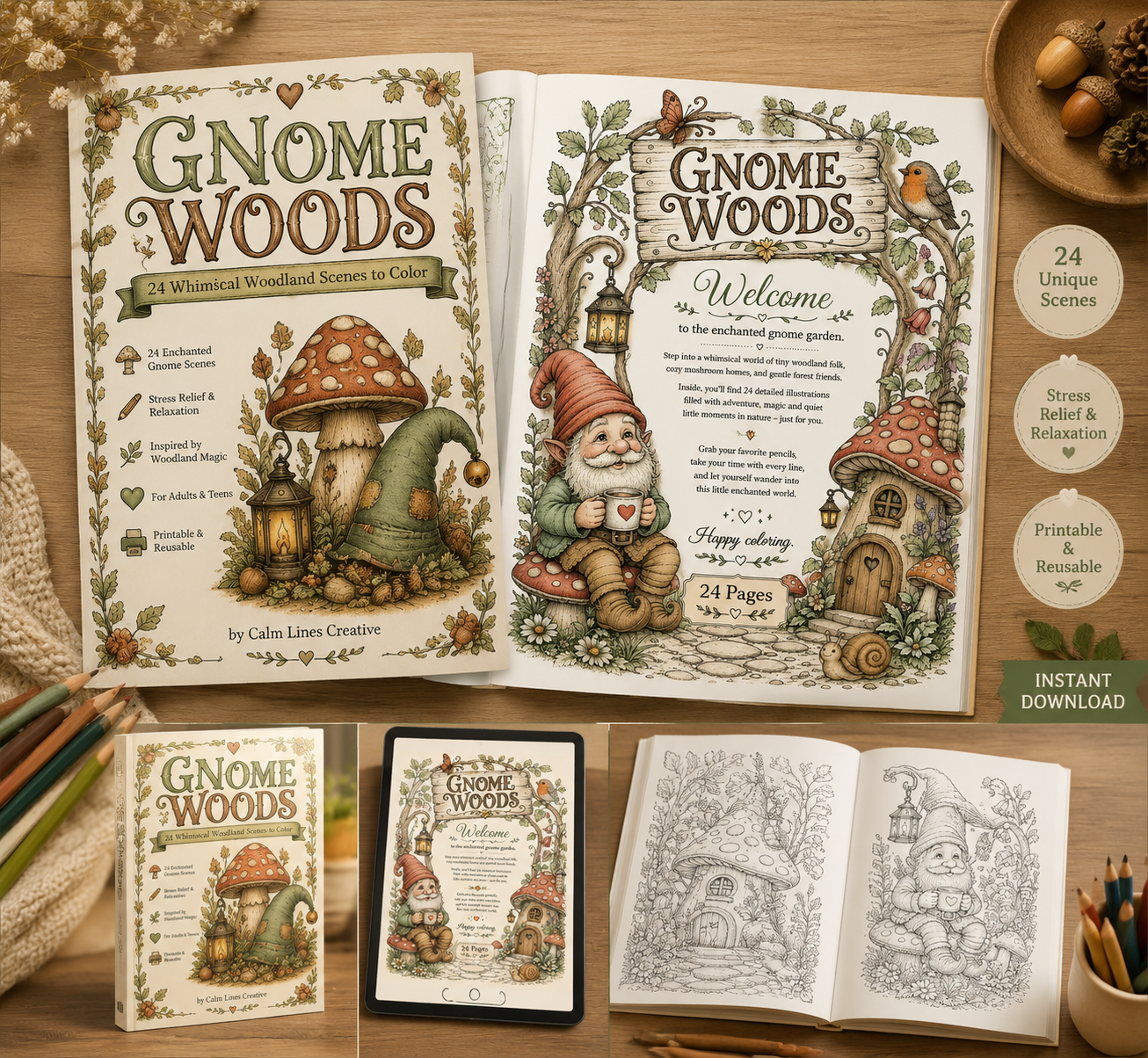 Printable Gnome Woods coloring book mockup showing the cover, welcome page, tablet preview, interior coloring pages, and 24 printable fantasy coloring pages for adults.