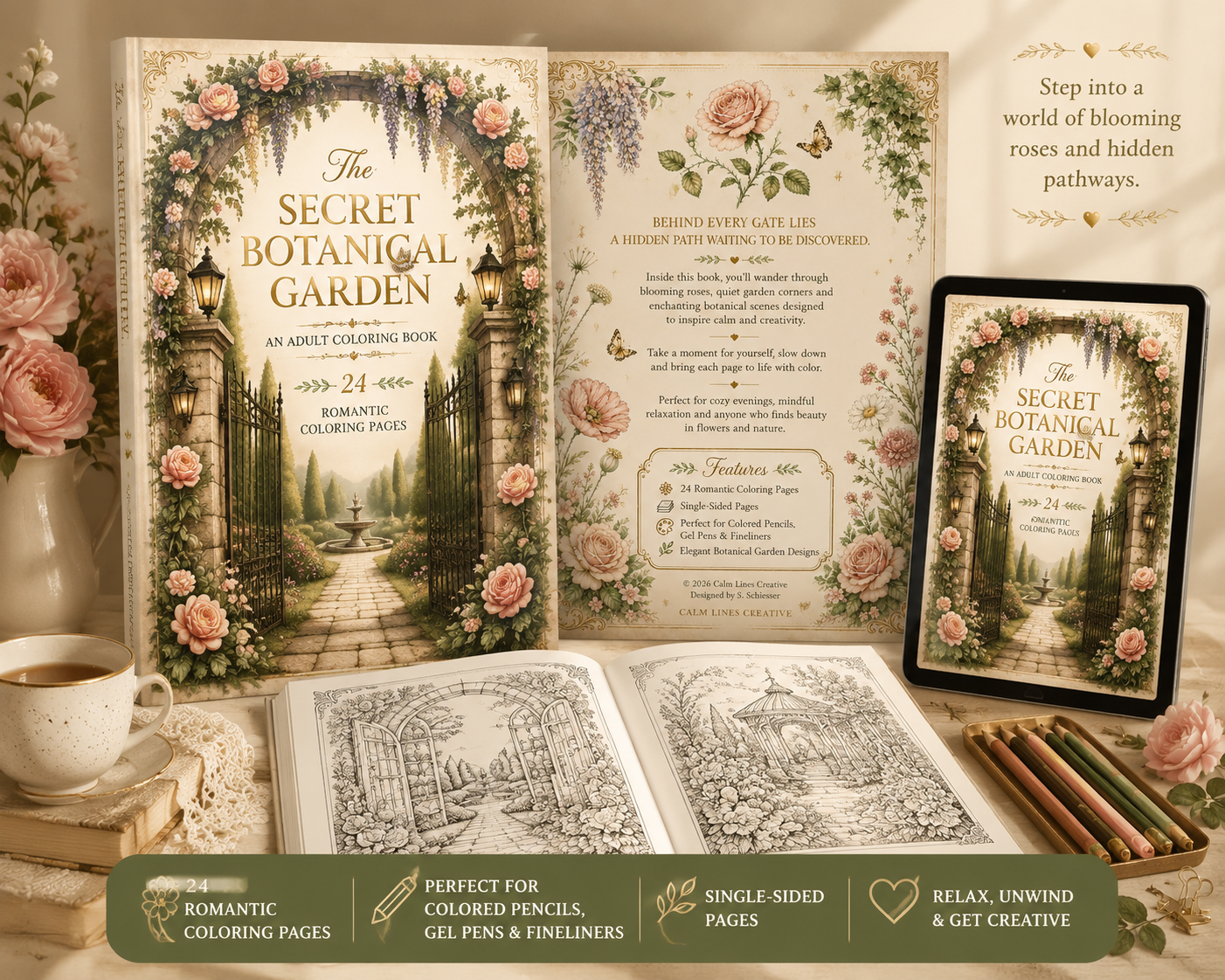 Secret Botanical Garden printable adult coloring book mockup featuring the cover, interior coloring pages, tablet preview and botanical illustrations.