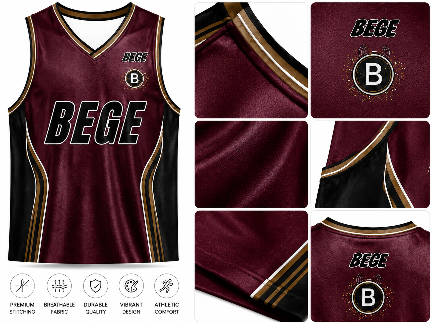 alt="Close-up of fabric texture and stitching on BEGE premium burgundy basketball jersey"