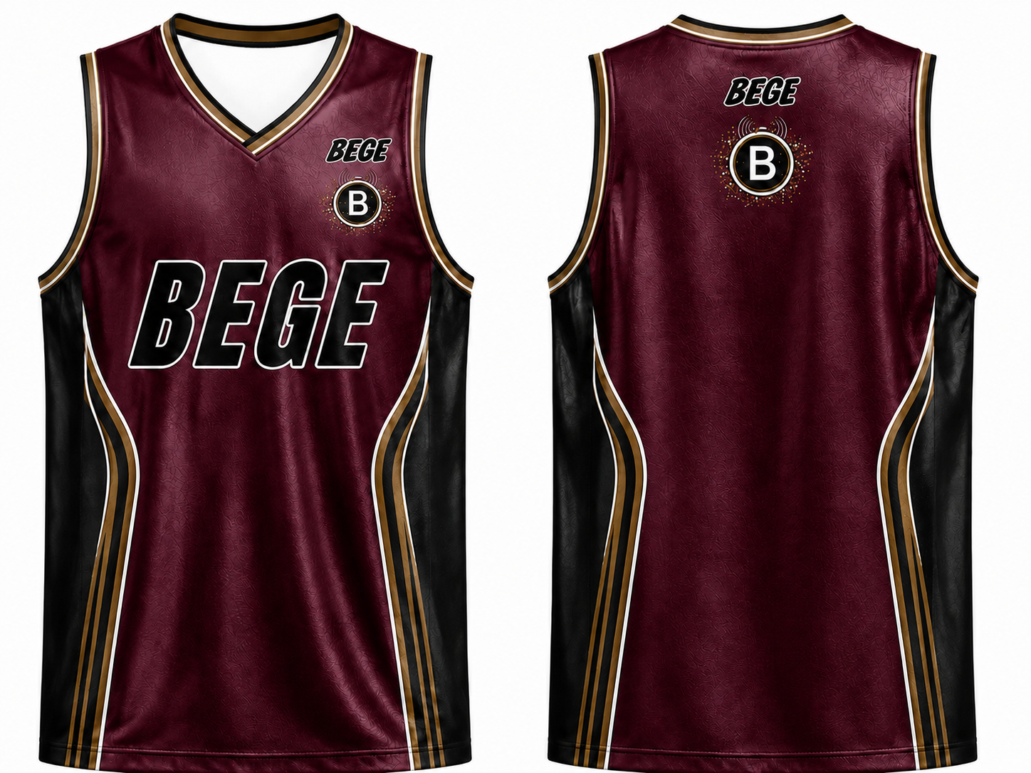 alt="BEGE Premium Basketball Singlet Burgundy and Black Edition front / back view showing athletic fit and breathable mesh fabric"