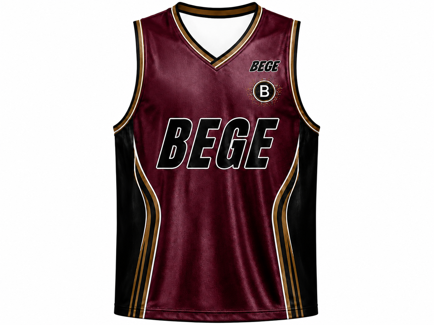 alt="BEGE Premium Basketball Singlet Burgundy and Black Edition front view showing athletic fit and breathable mesh fabric"