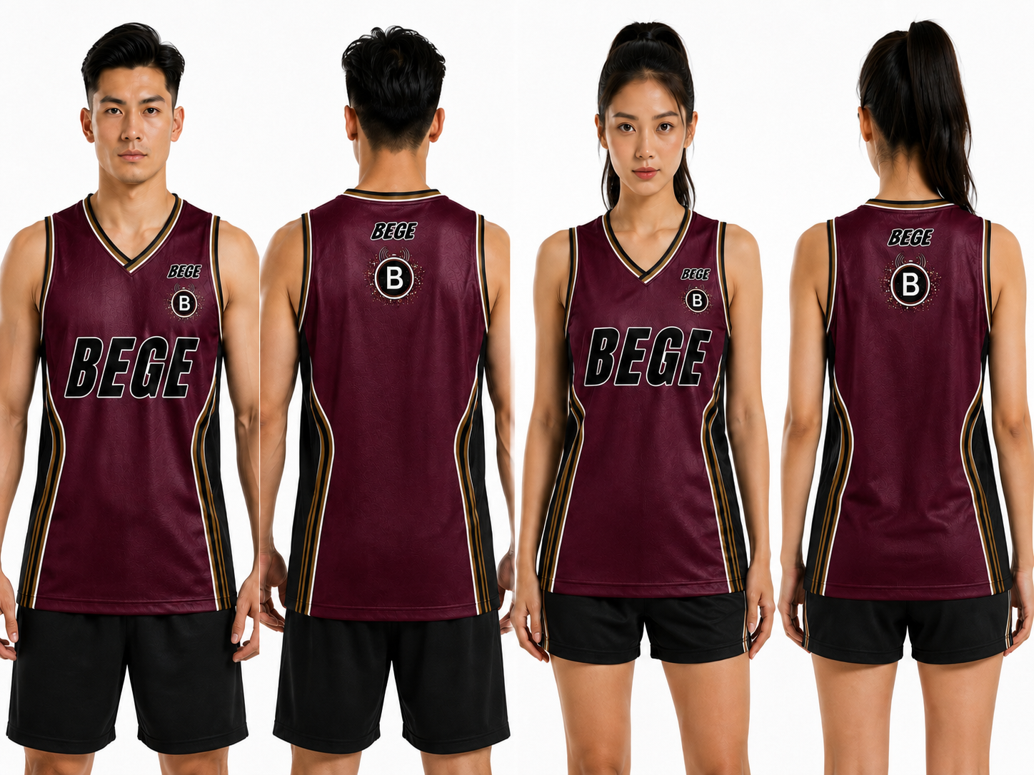 alt="Model wearing the BEGE premium burgundy and black basketball singlet on court"