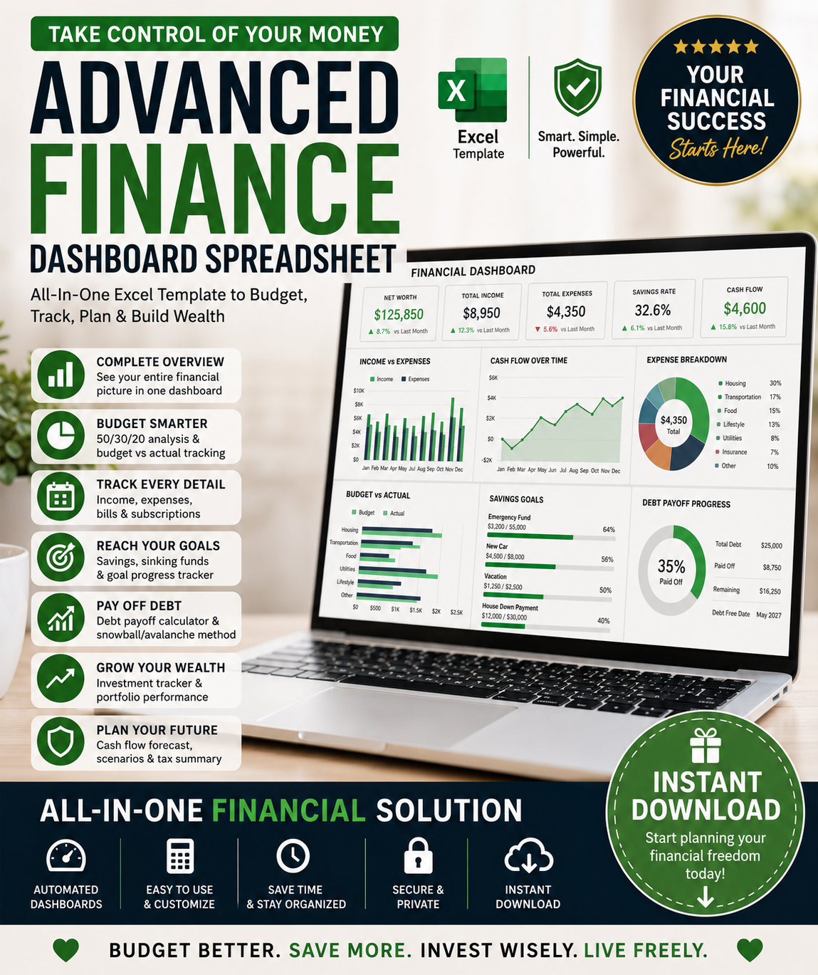 Manage your budget, expenses, savings, debt, investments, and cash flow with an advanced personal finance dashboard spreadsheet for Microsoft Excel.