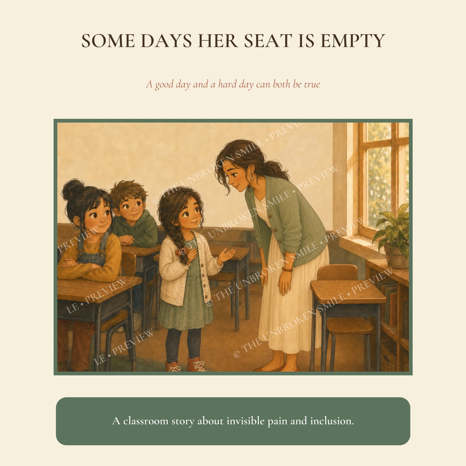 Wren's empty classroom seat illustrating a child missing school because of chronic pain