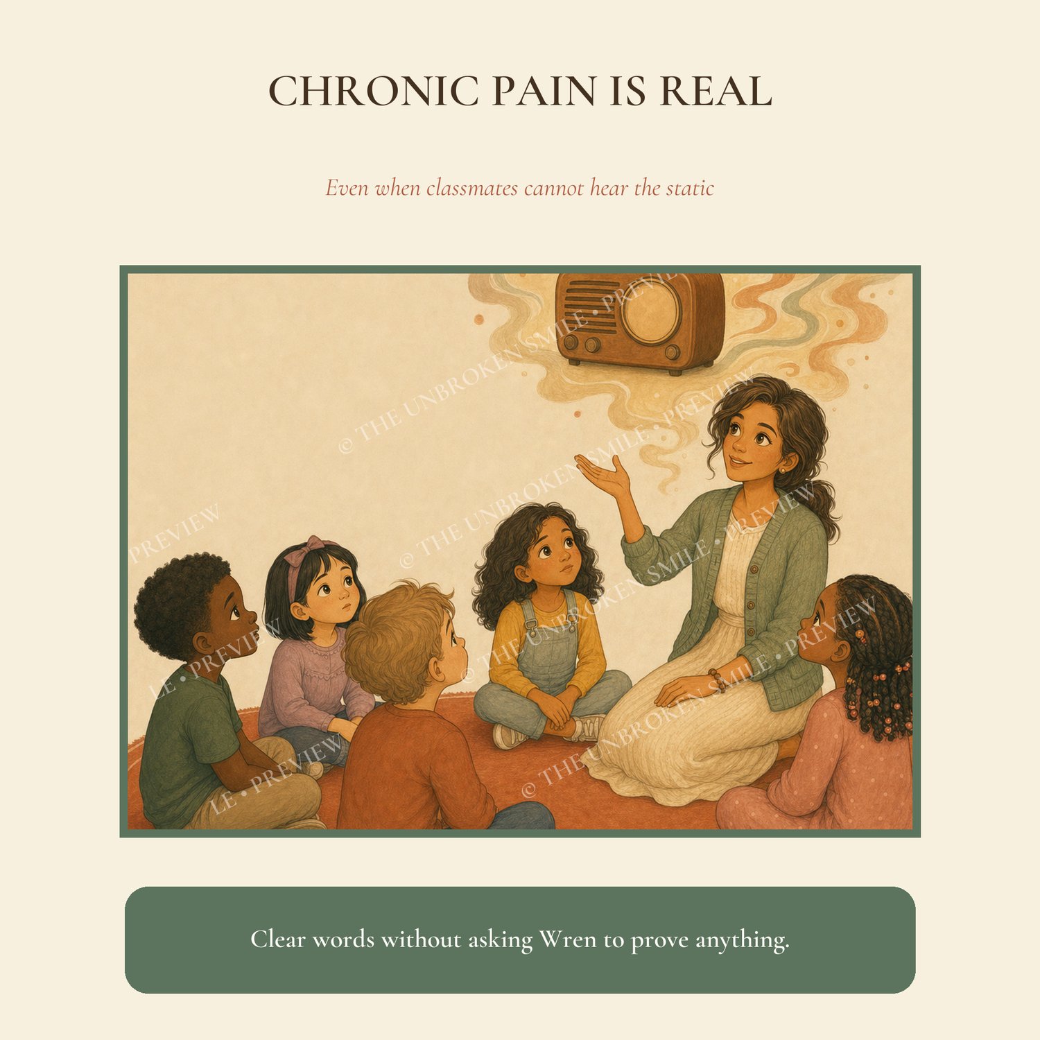 Classroom story page explaining that chronic pain can be real even when it cannot be seen