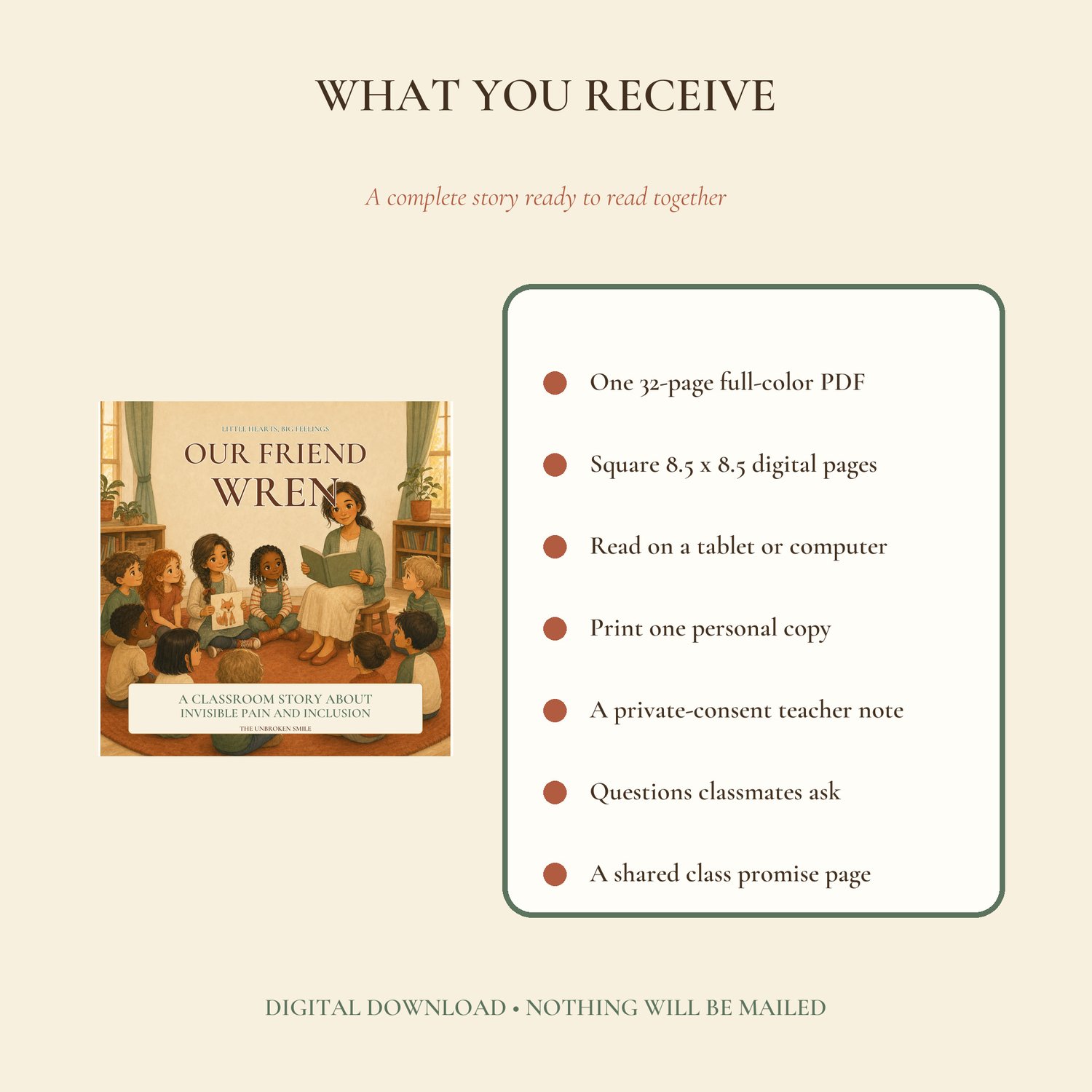 Product overview showing the 32-page digital story and included classroom resources