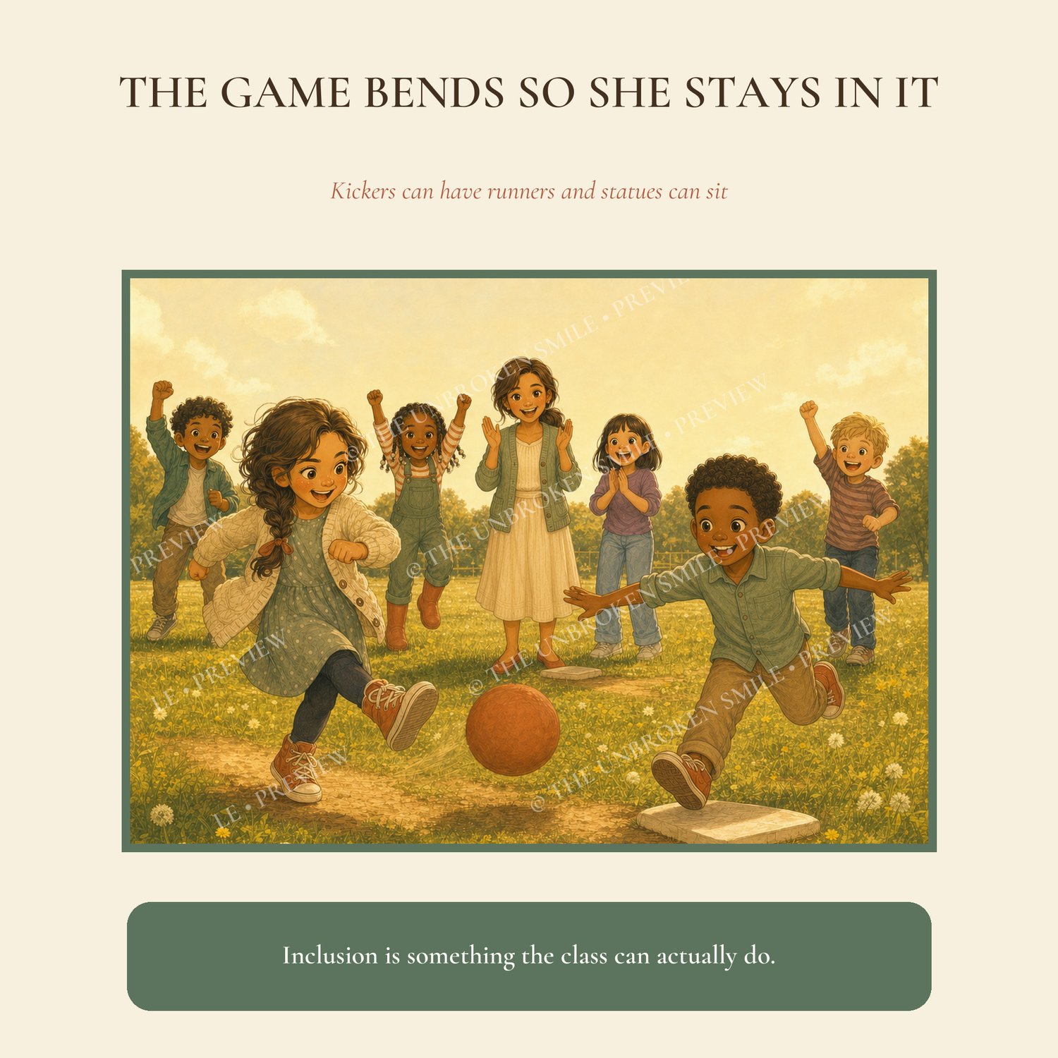 Children adapt a playground game so Wren can participate on a hard body day