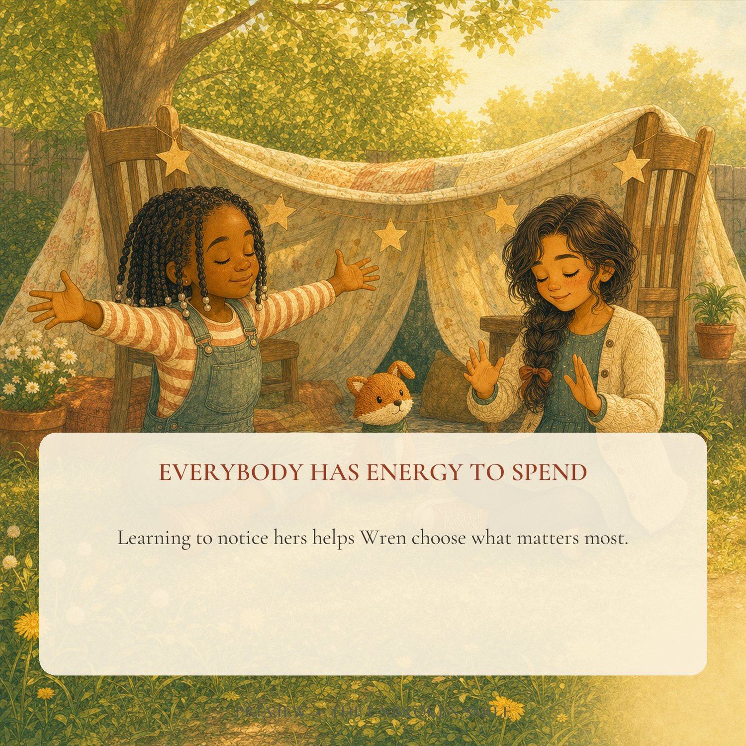 Wren and Bea sit in the grass while learning to notice how much energy they have