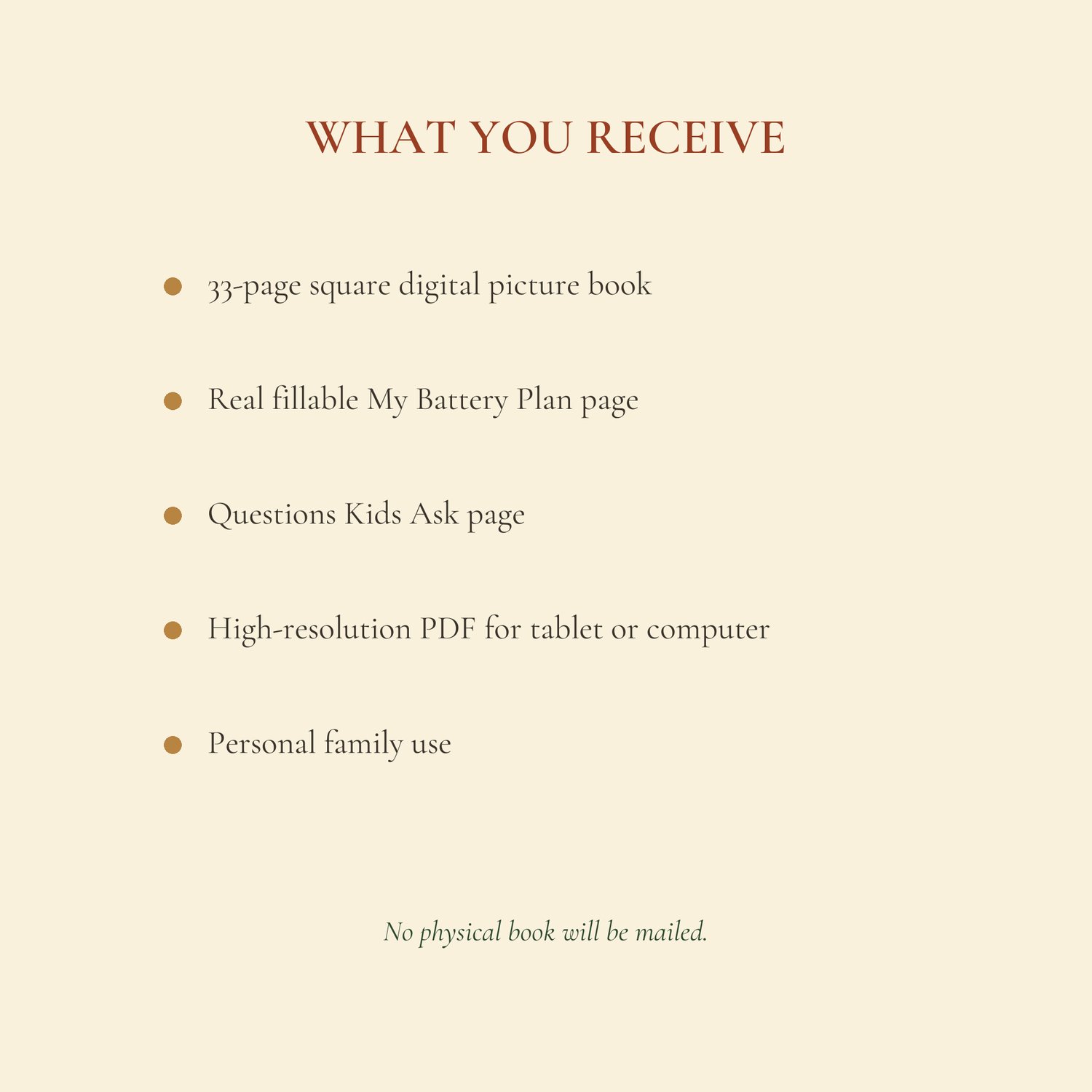 List of the digital book, fillable battery plan, questions page, high-resolution PDF, and personal-use license