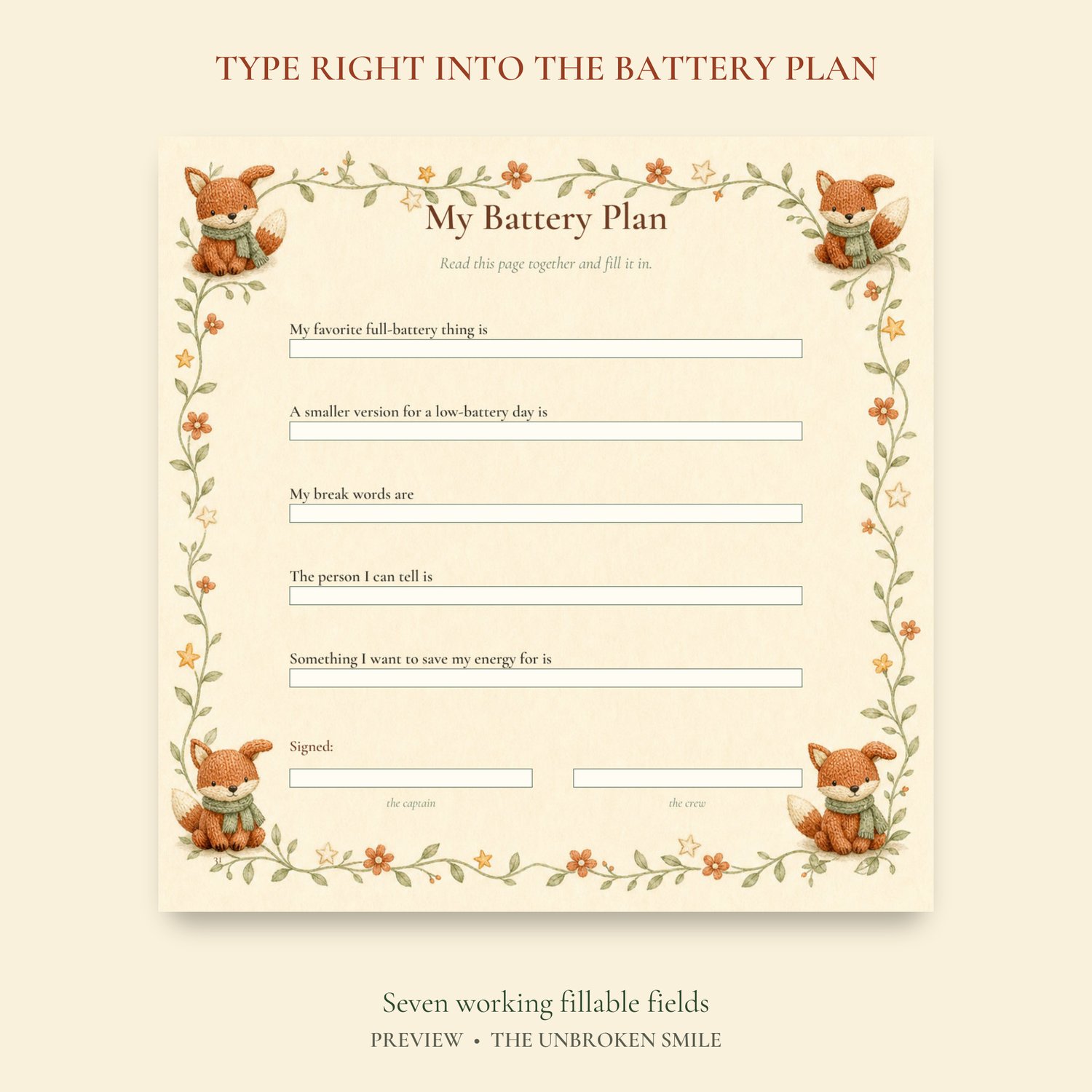 Preview of the My Battery Plan page showing seven fields that can be typed into