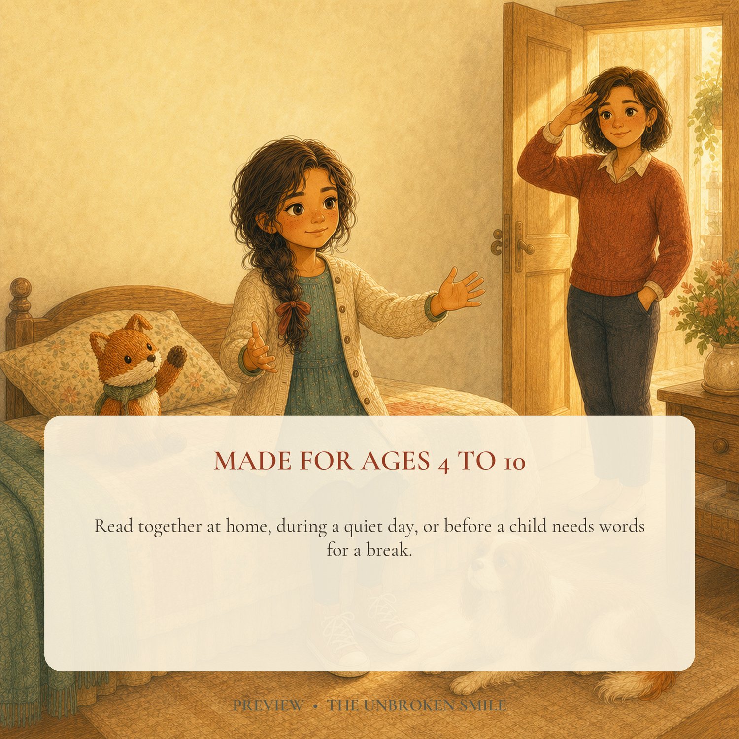 Wren checks her energy while her mother listens, with text explaining the book is for ages 4 to 10