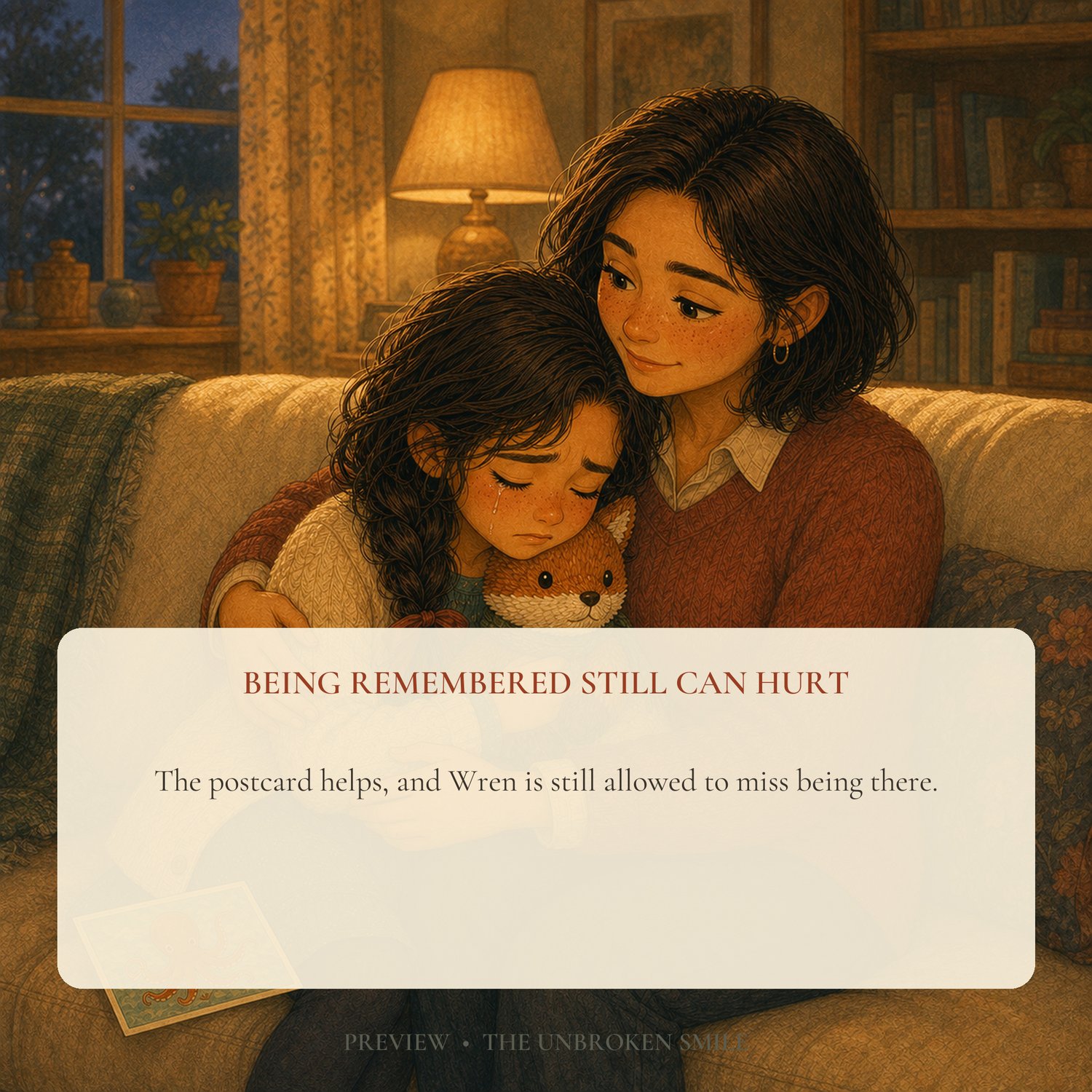 Illustrated story preview of Wren at home after missing the aquarium field trip